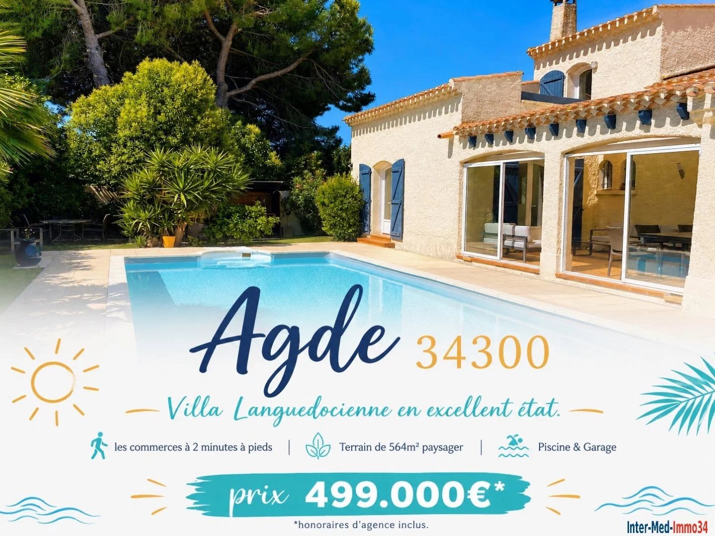 A Vendre Agde 34300 Villa Languedocienne de 6 pièces sur terrain de 564m² avec piscine et garage