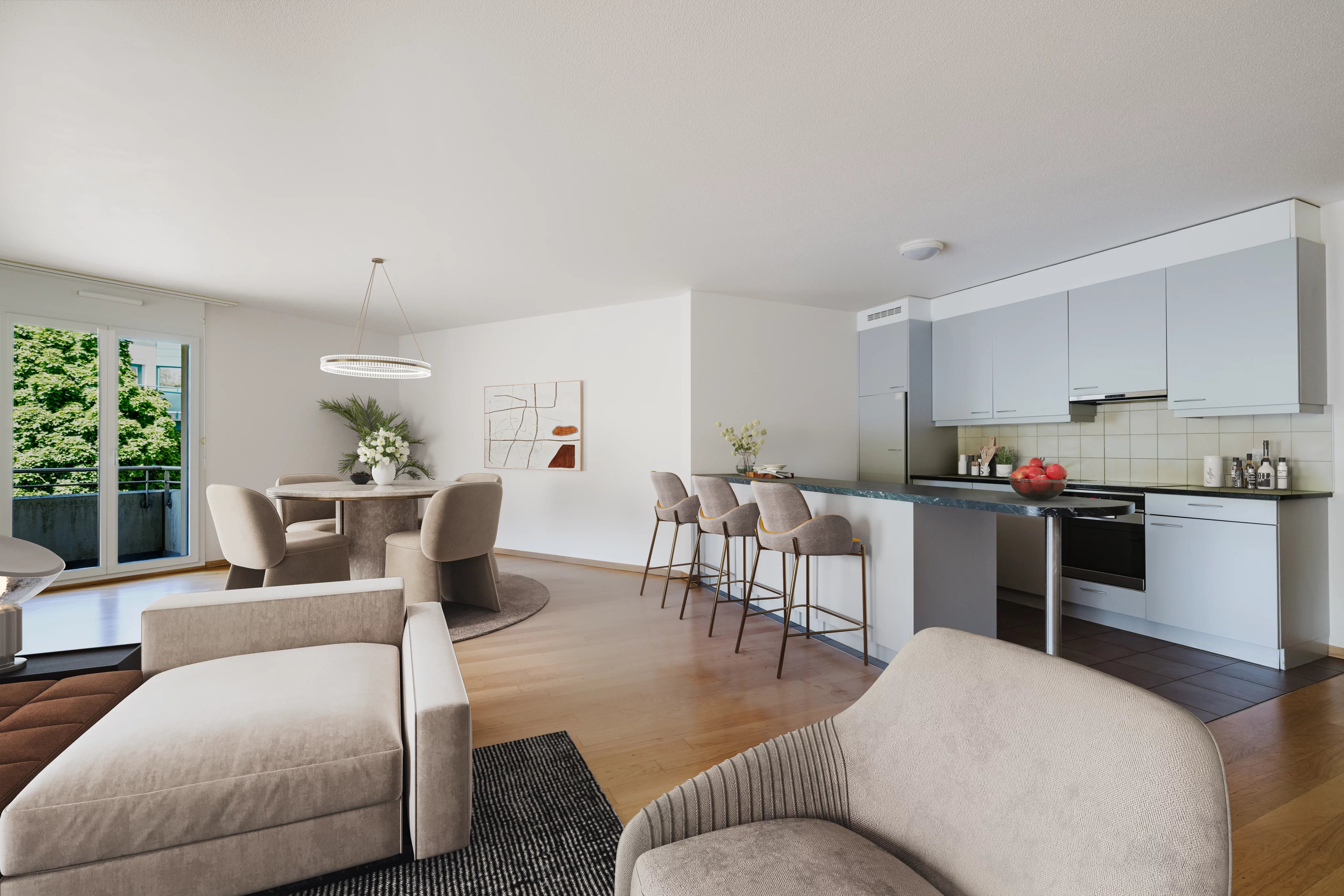 Appartement lumineux avec vaste pièce de vie, balcon et deux parkings