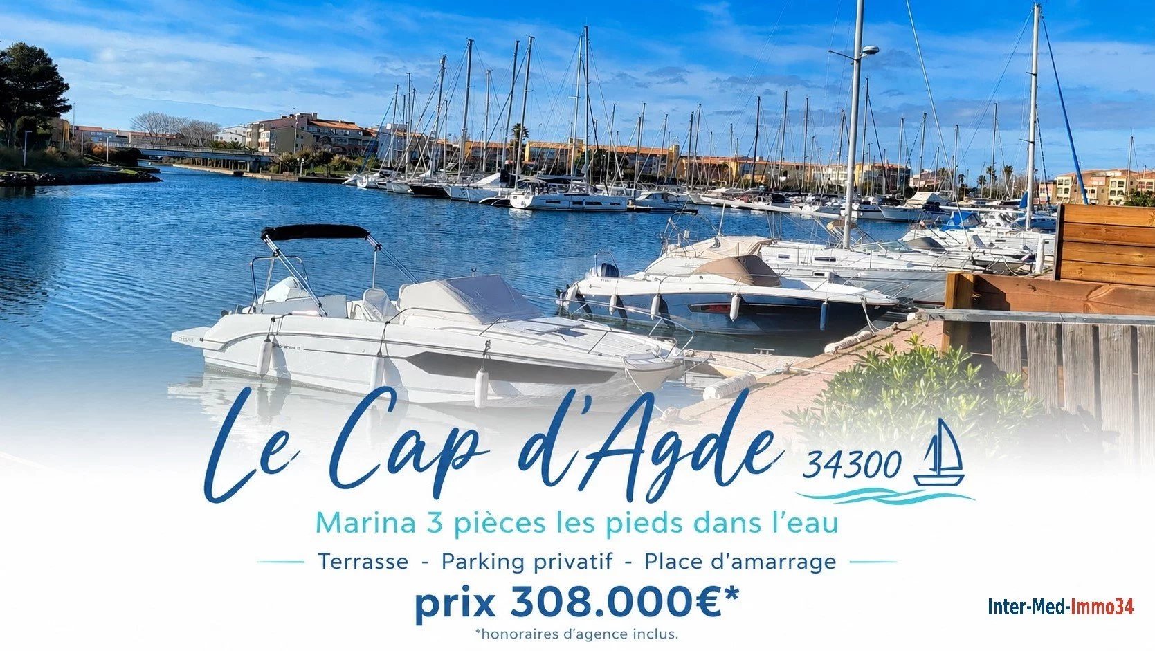 Le Cap d'Agde 34300 secteur Résidentiel Maison en Marina traversante de 3 pièces avec parking privatif et ponton