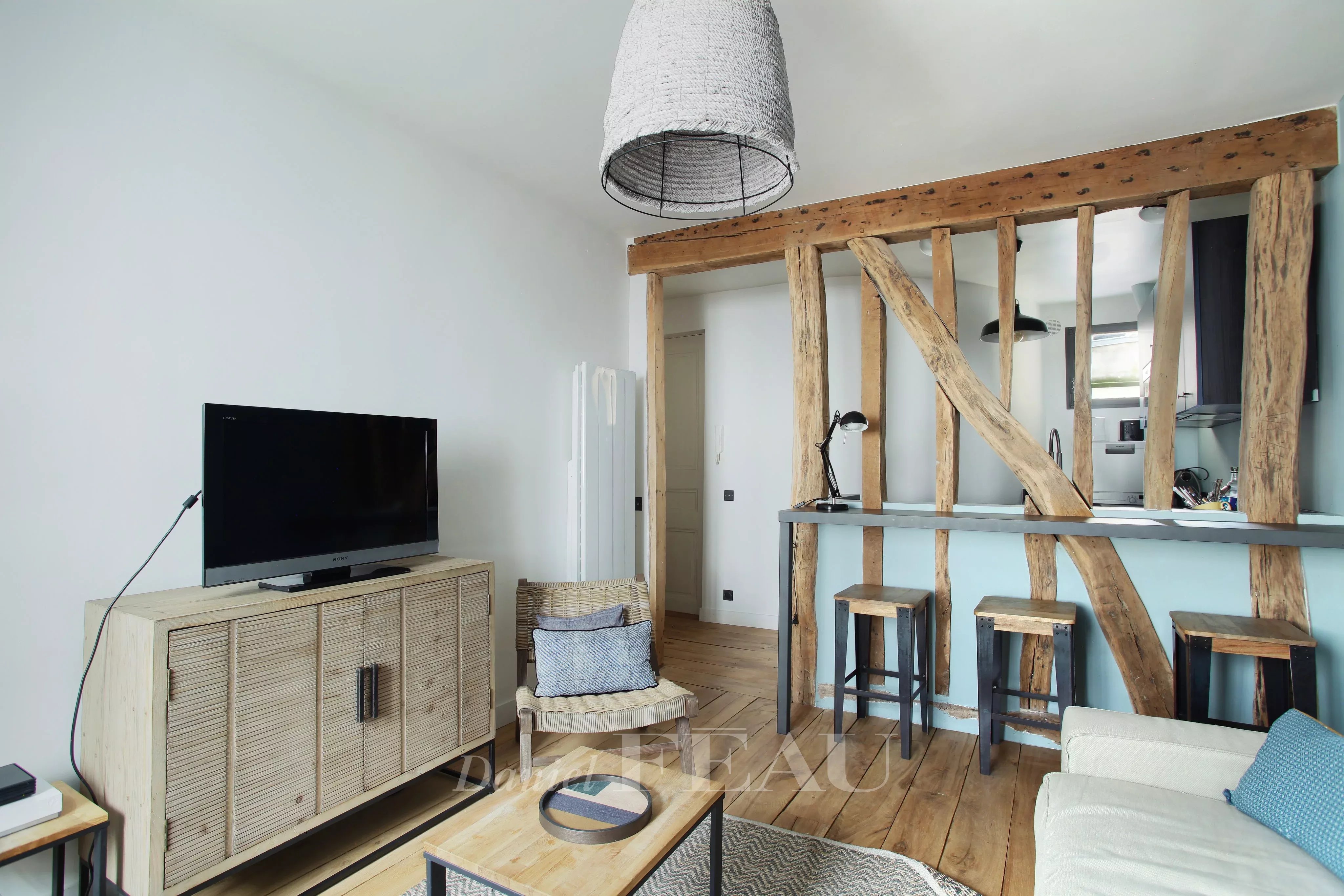 Living-room Wooden floor Kitchen bar High ceiling