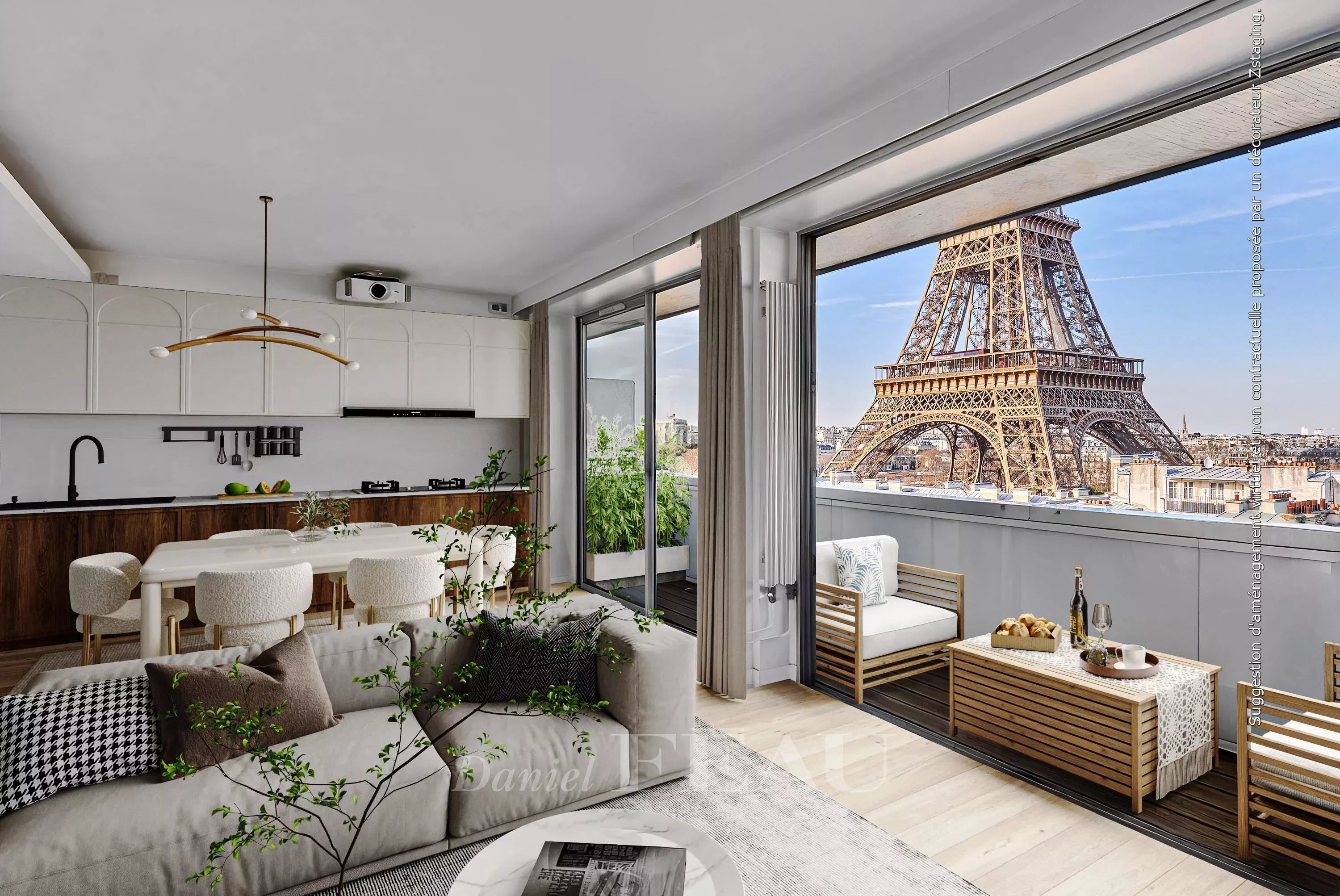 Paris XVe limite VIIe - Vue panoramique sur la tour Eiffel et le Paris historique.