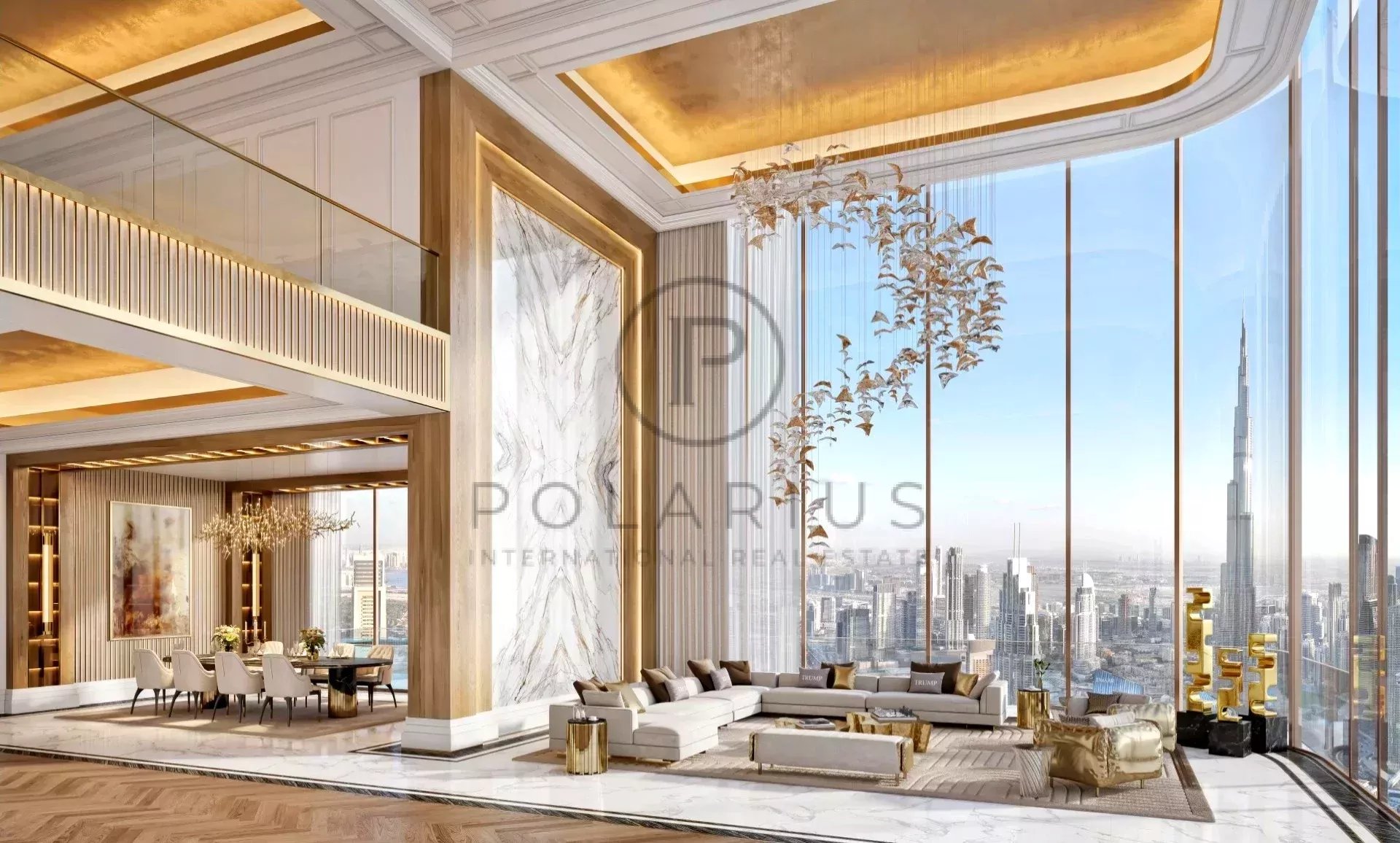 Sala de estar lujosa con grandes ventanales, vista a la ciudad y decoración elegante.