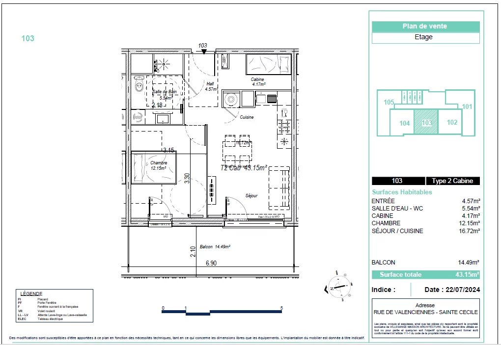 Appartement T2 Cabine 1er étage avec ascenseur