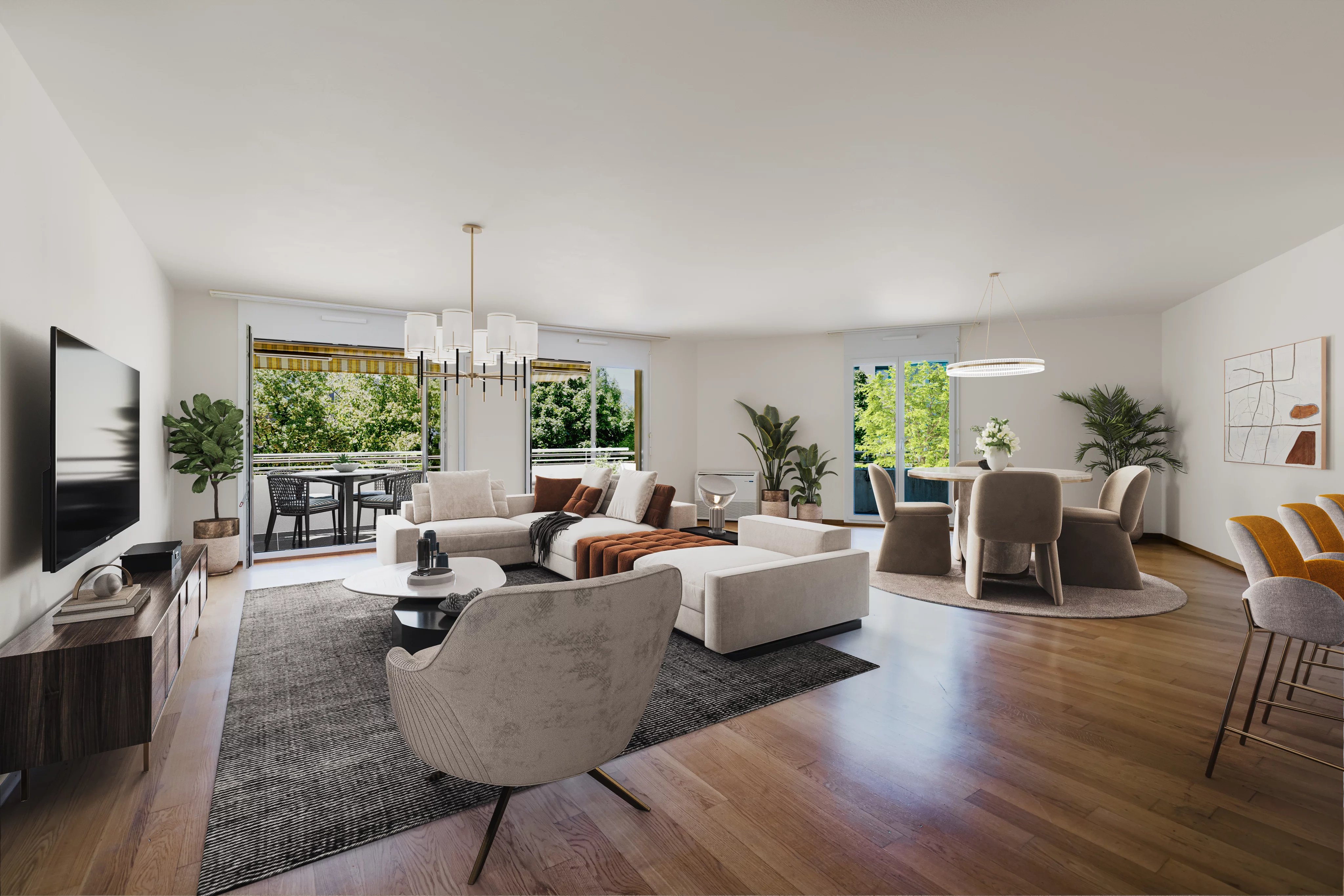 Appartement lumineux avec vaste pièce de vie, balcon et deux parkings