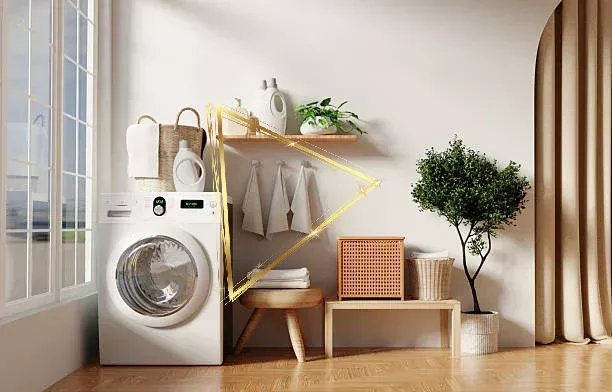 A modern home laundry setup showcasing organized shelves, stylish decor, and efficient washing machine appliances.