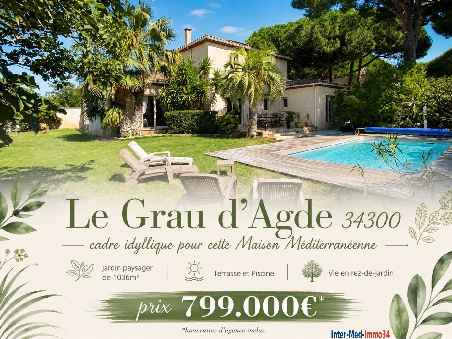 Le Grau d'Agde 34300 Splendide Villa Méditerranéenne de 6 pièces sur terrain paysager de 1036m² avec piscine