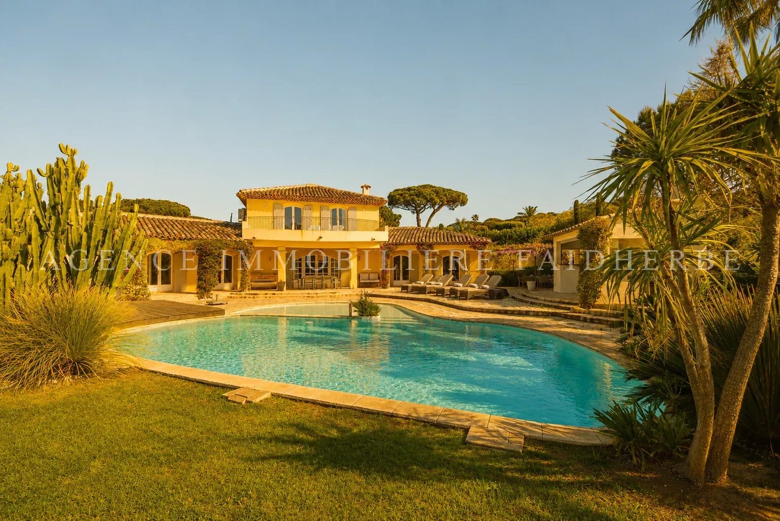 Magnifique maison avec une grande piscine et un jardin luxuriant.