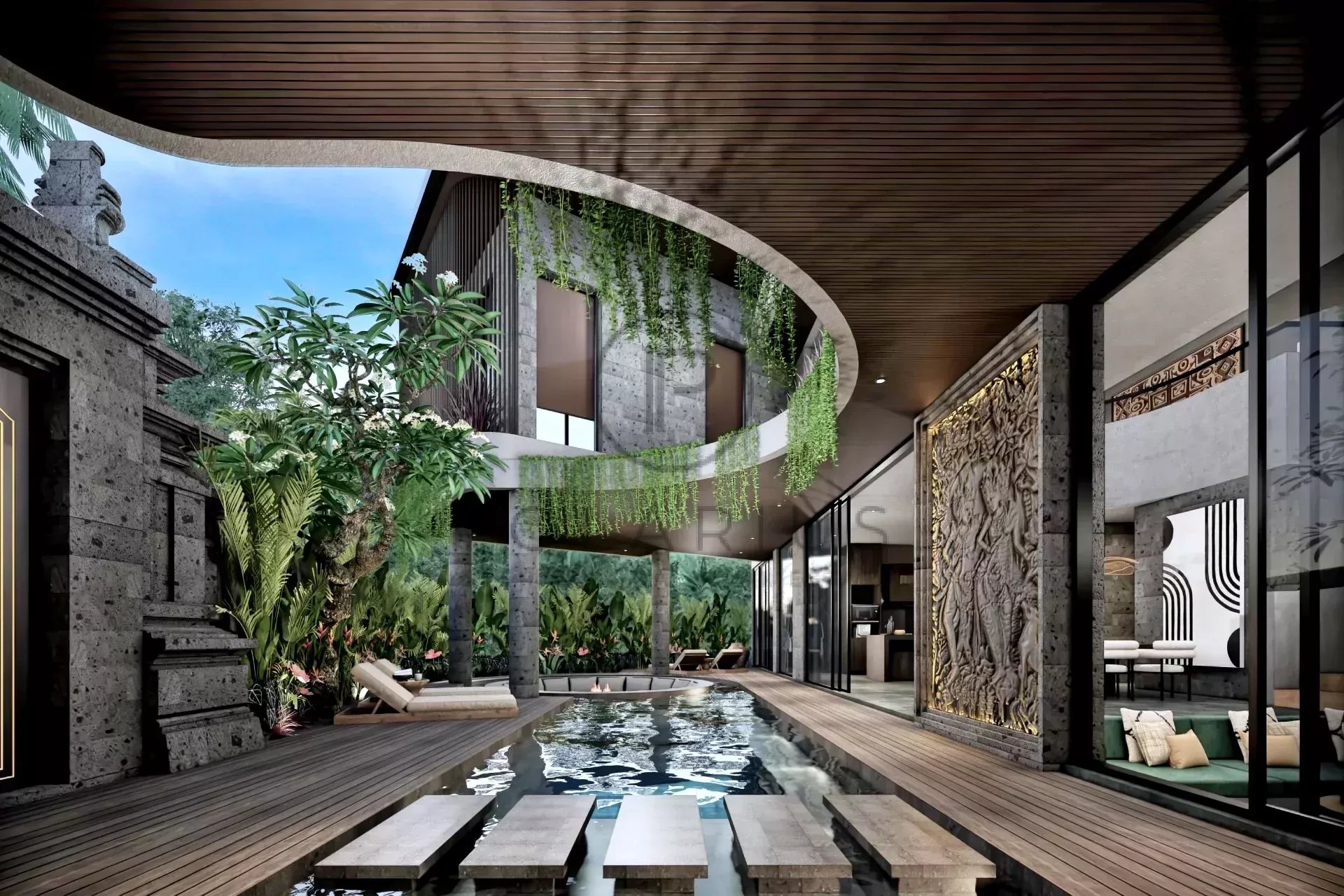 Villa moderna con design aperto, piscina e dettagli architettonici eleganti circondata dalla natura.