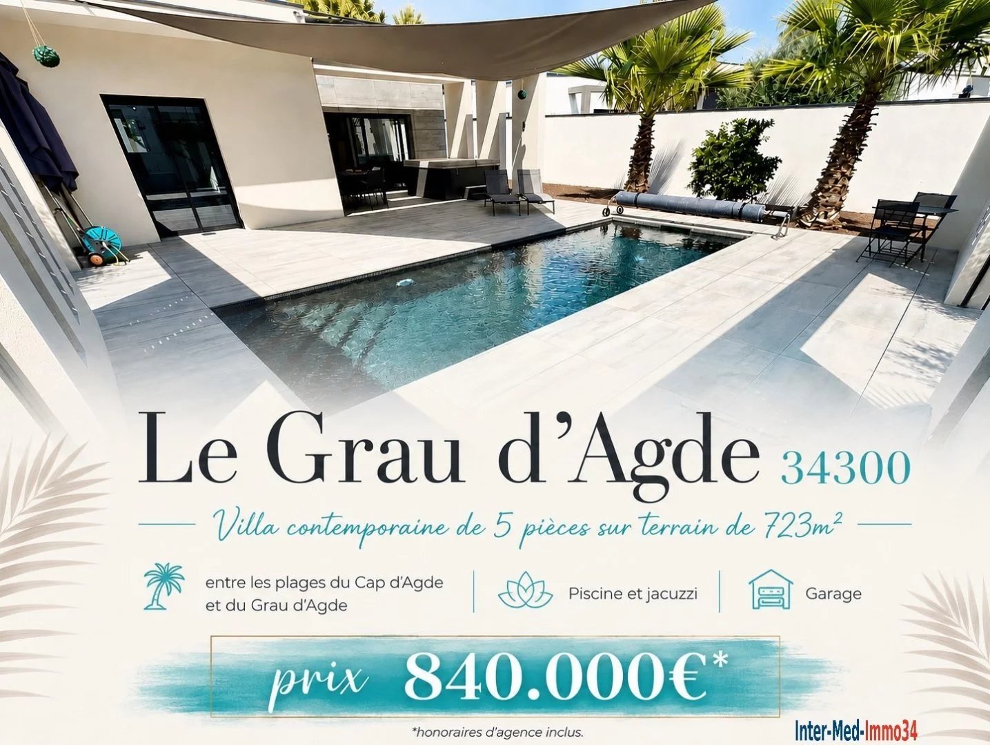 A vendre Le Grau d'Agde 34300 Villa contemporaine récente de 5 pièces avec Espace Vie en rez-de-chaussée sur 723m² de terrain avec piscine & Jacuzzi