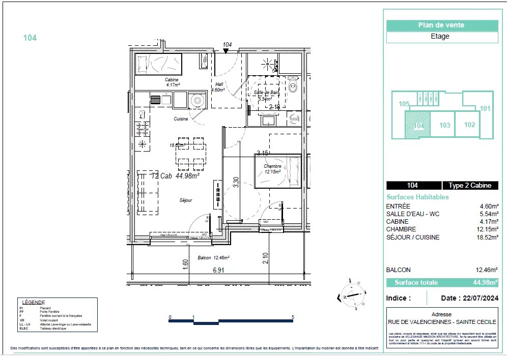 Appartement 1 chambre + cabine au 1er étage avec ascenseur