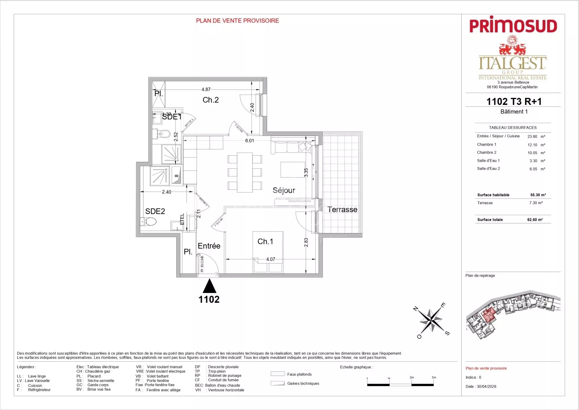 Лот 1102 – Апартаменты 3P, 55,30 м² с панорамной террасой – Le Bellevue, новый проект