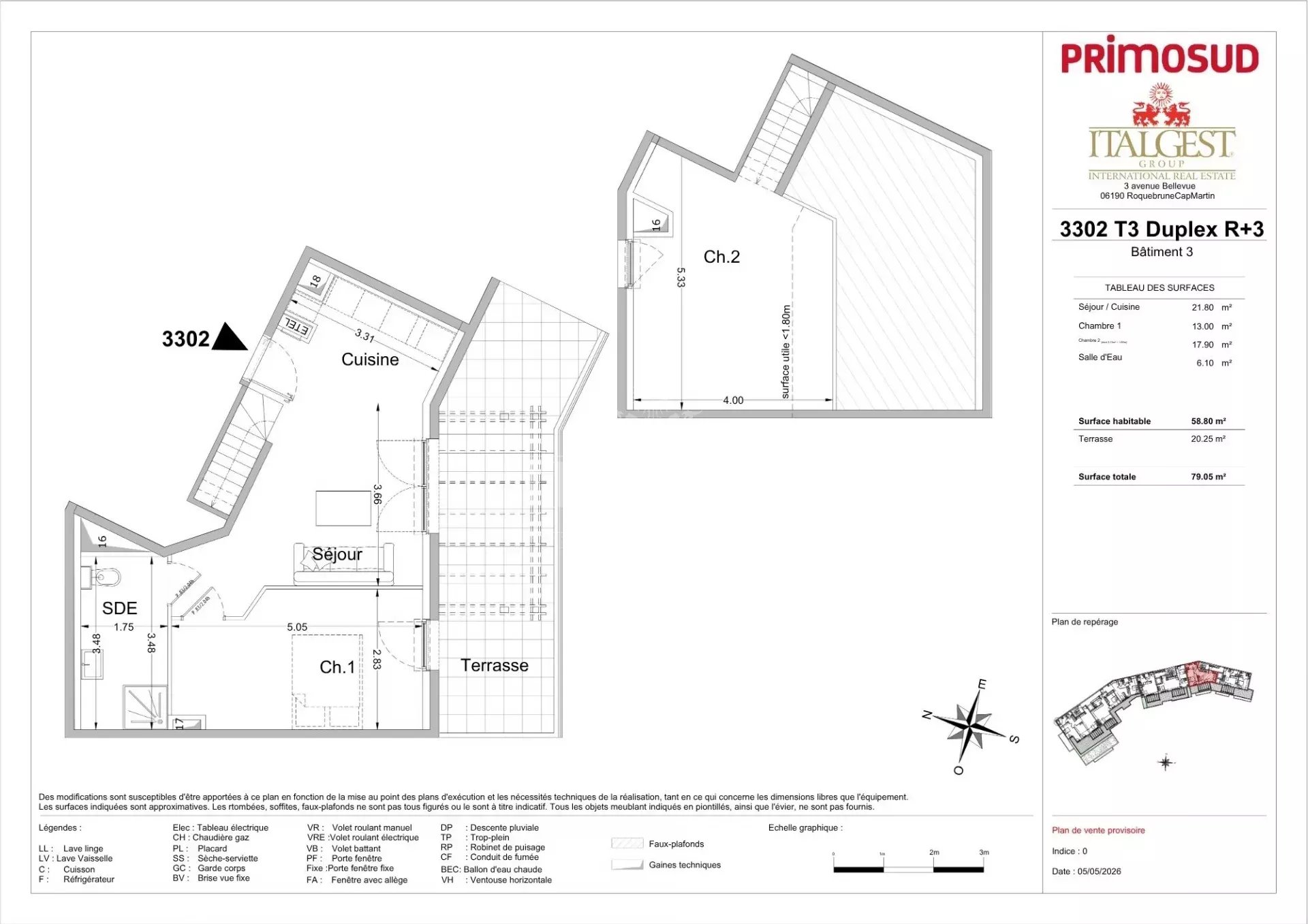 Lot 3302 – 58.05 m² top‑floor duplex with a 21.60 m² terrace and sea view – Le Bellevue