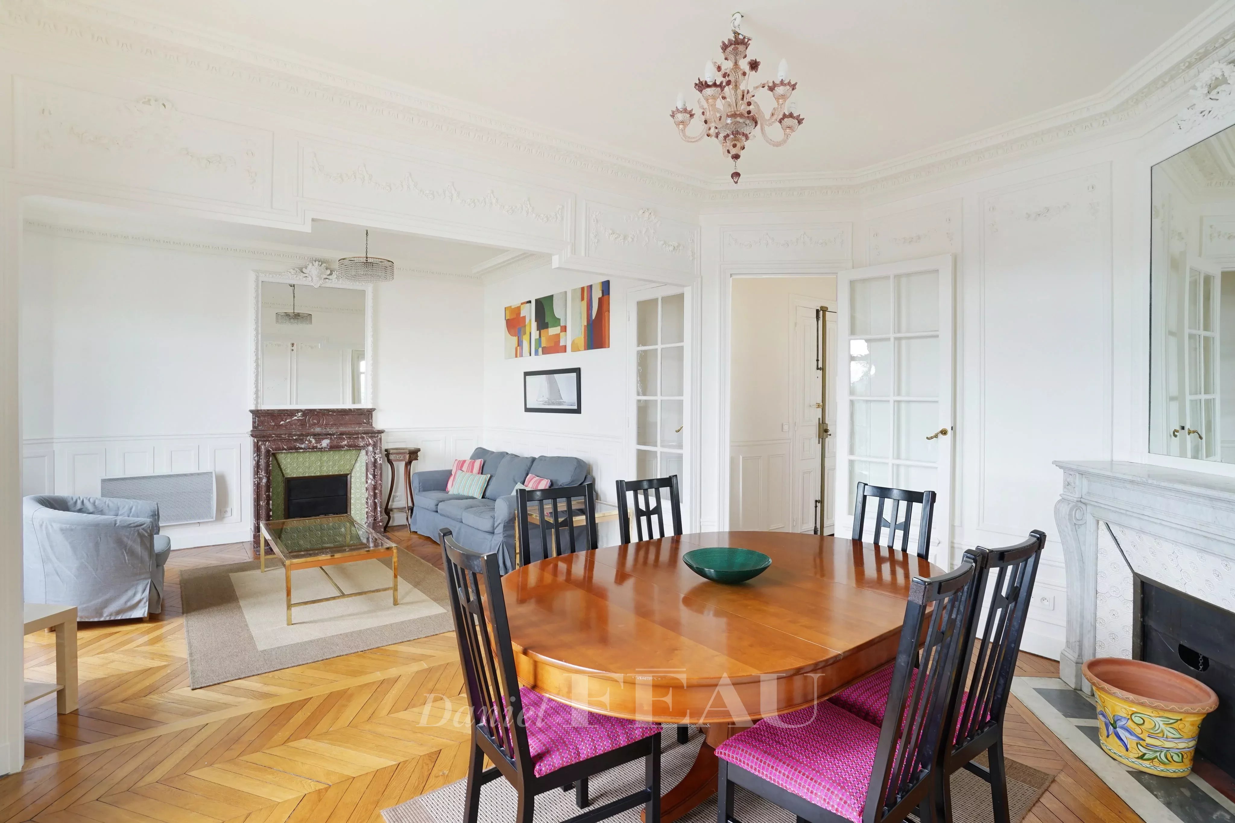 Dining room Wooden floor Chandelier Fireplace