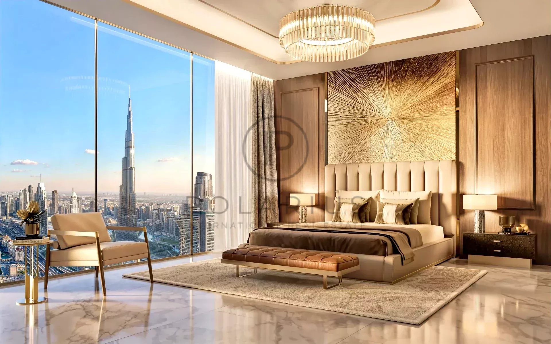 Chambre de luxe moderne avec vue sur le Burj Khalifa, décorée avec des tons neutres et éclairée par un lustre élégant.