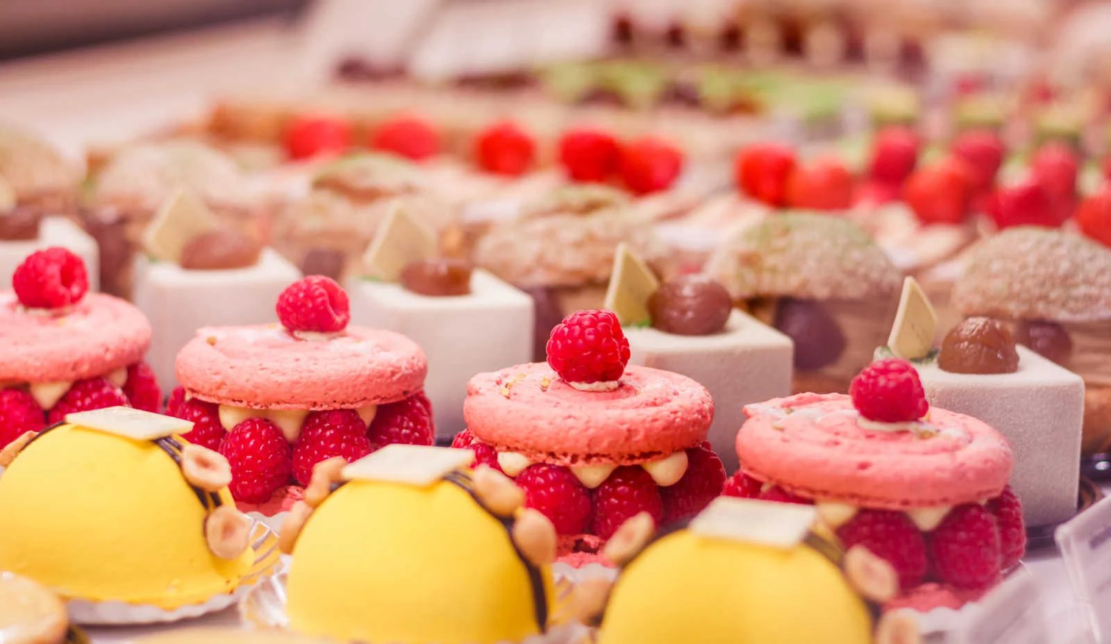 Various beautiful delicious pastries on a showcase in a French shop.