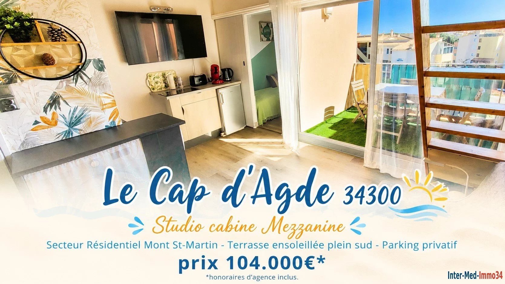 A Vendre Le Cap d'Agde 34300 au calme du Mont Saint-Martin appartement Studio Cabine Mezzanine avec terrasse exposée plein Sud et parking