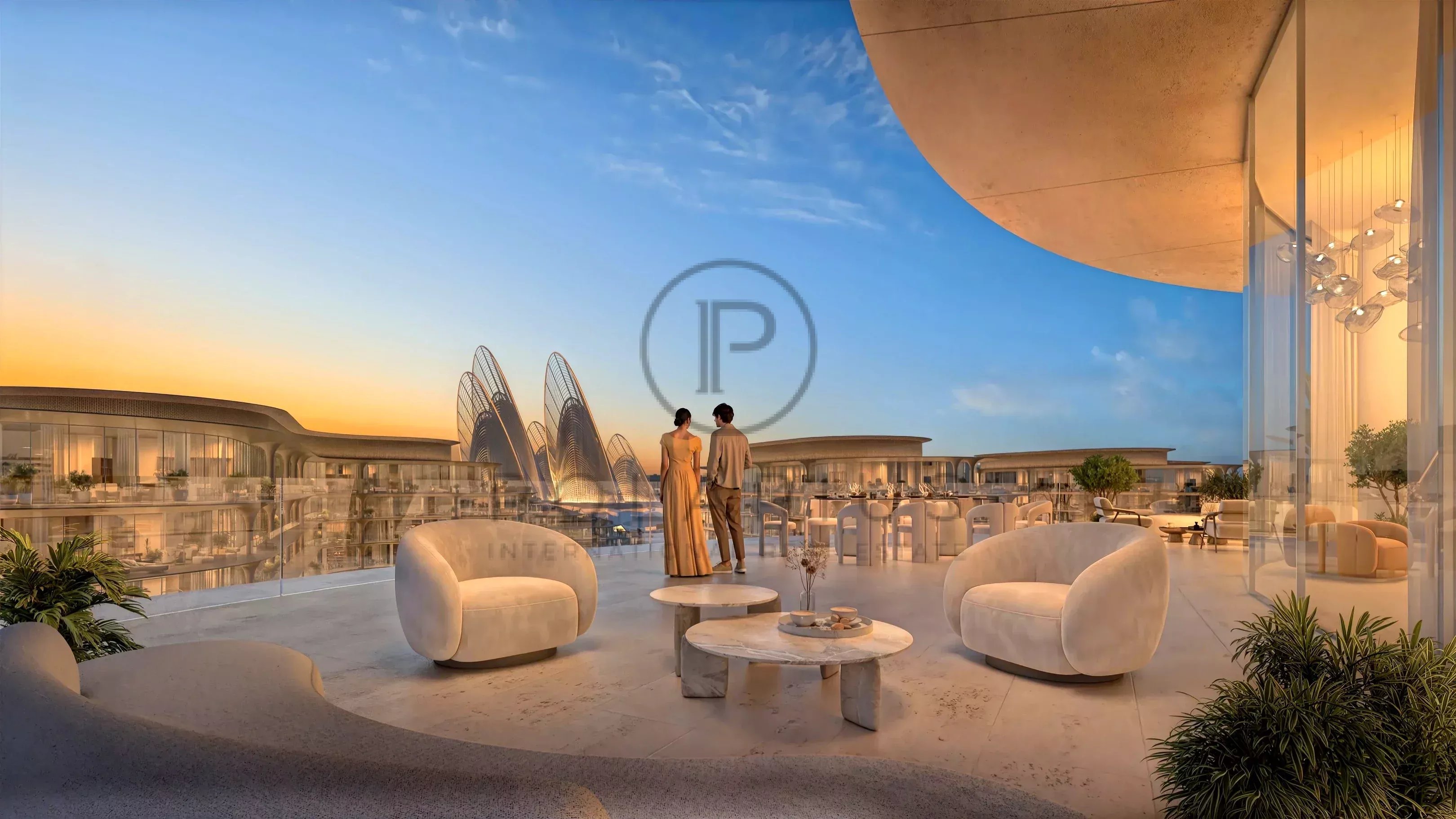 A couple stands on a luxurious, modern terrace overlooking an architectural water feature at sunset, with stylish outdoor furniture and ambient lighting enhancing the serene atmosphere.