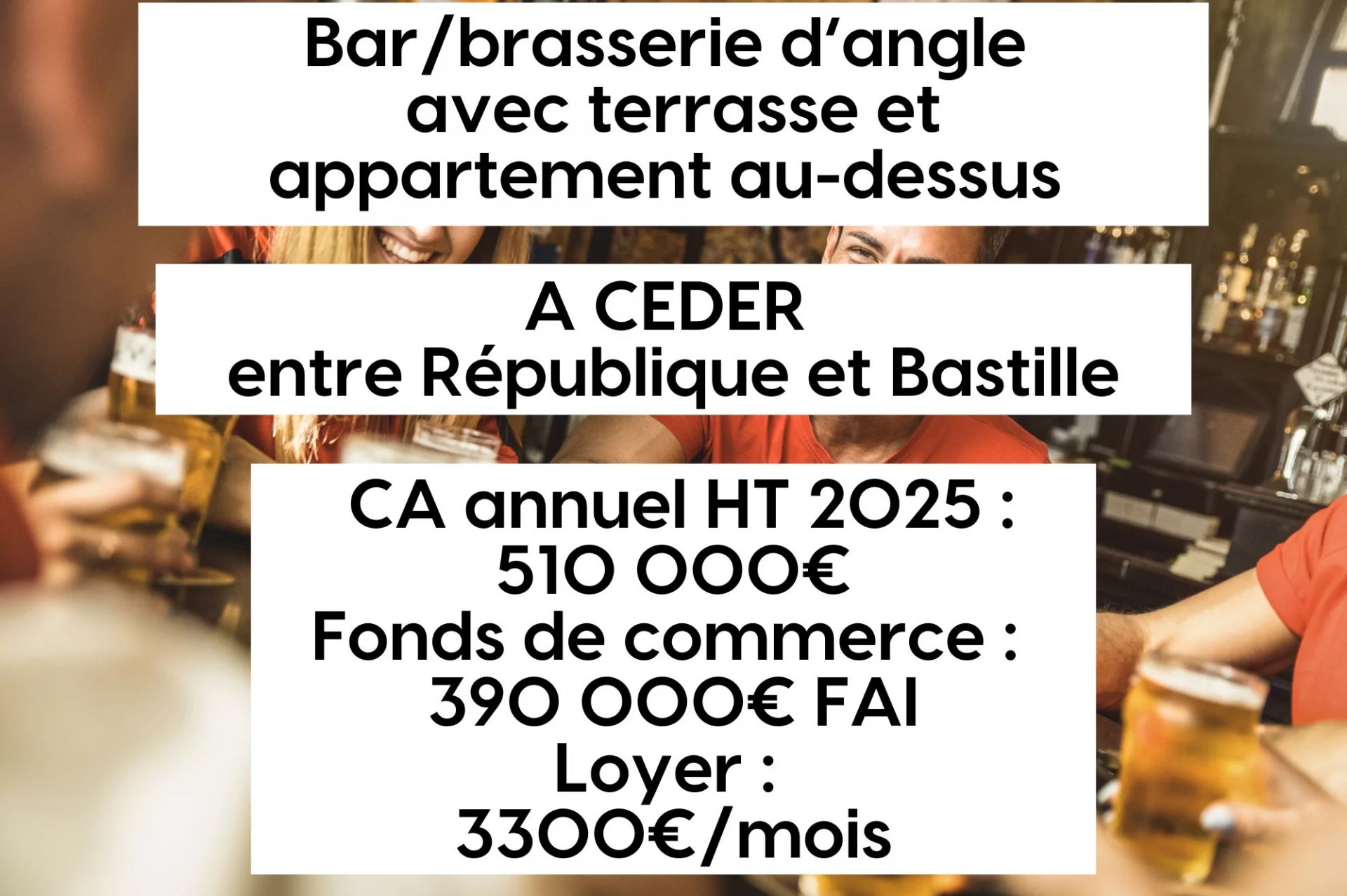 Bastille/République : Brasserie d’angle avec terrasse + appartement + cave