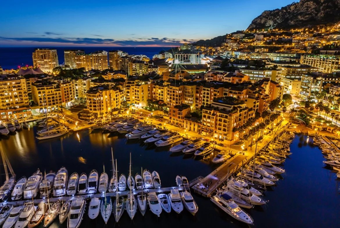 Aerial View on Fontvieille and Monaco Harbor with Luxury Yachts, French Riviera