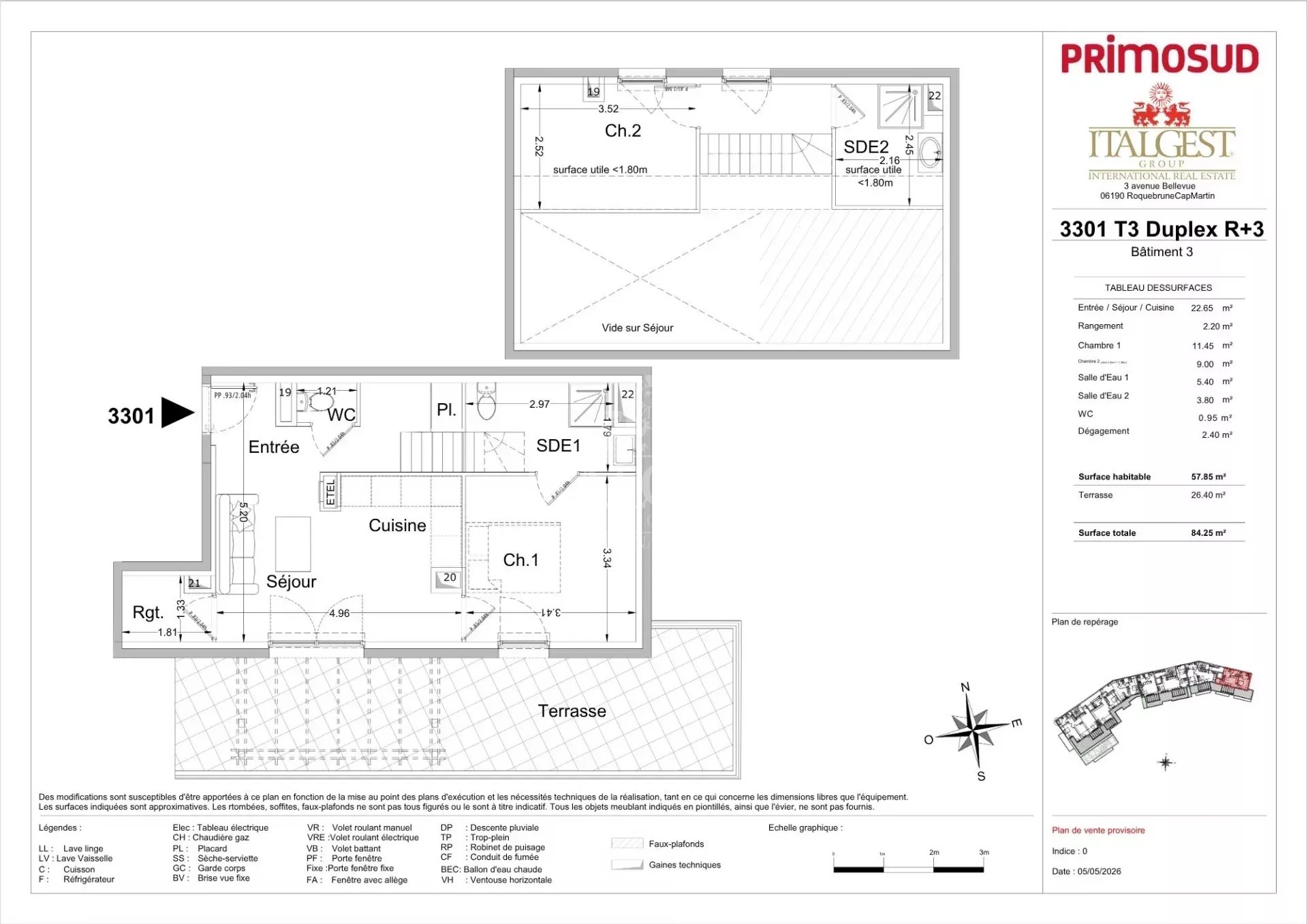 Lot 3301 – 57 m² duplex apartment on the top floor with a 26.40 m² terrace and sea view – Le Bellevue