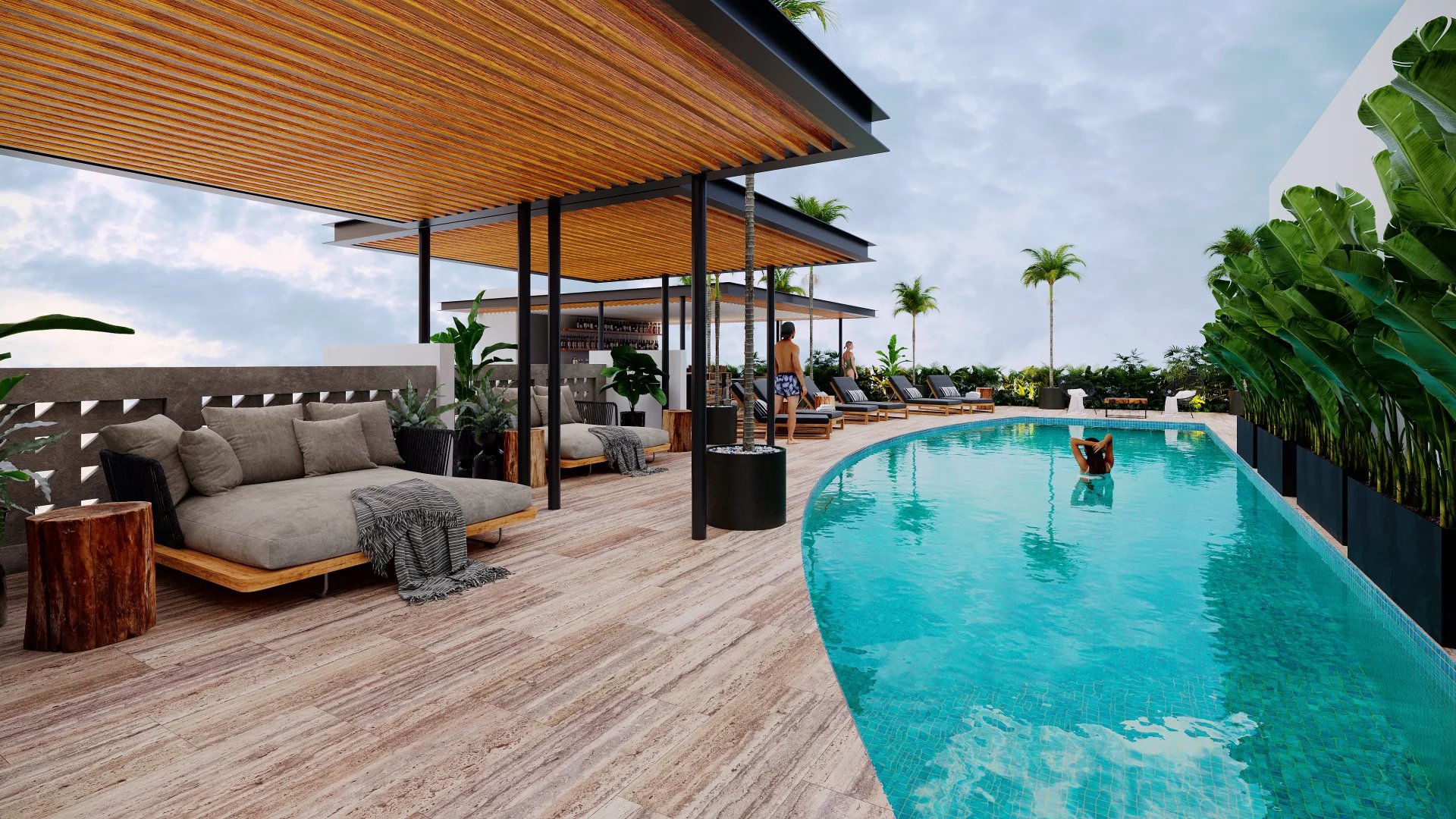 Venta de estudio con vista a patio tropical | canal de nado & acceso VIP a resorts | Playa del Carmen cerca de la 5ta Avenida