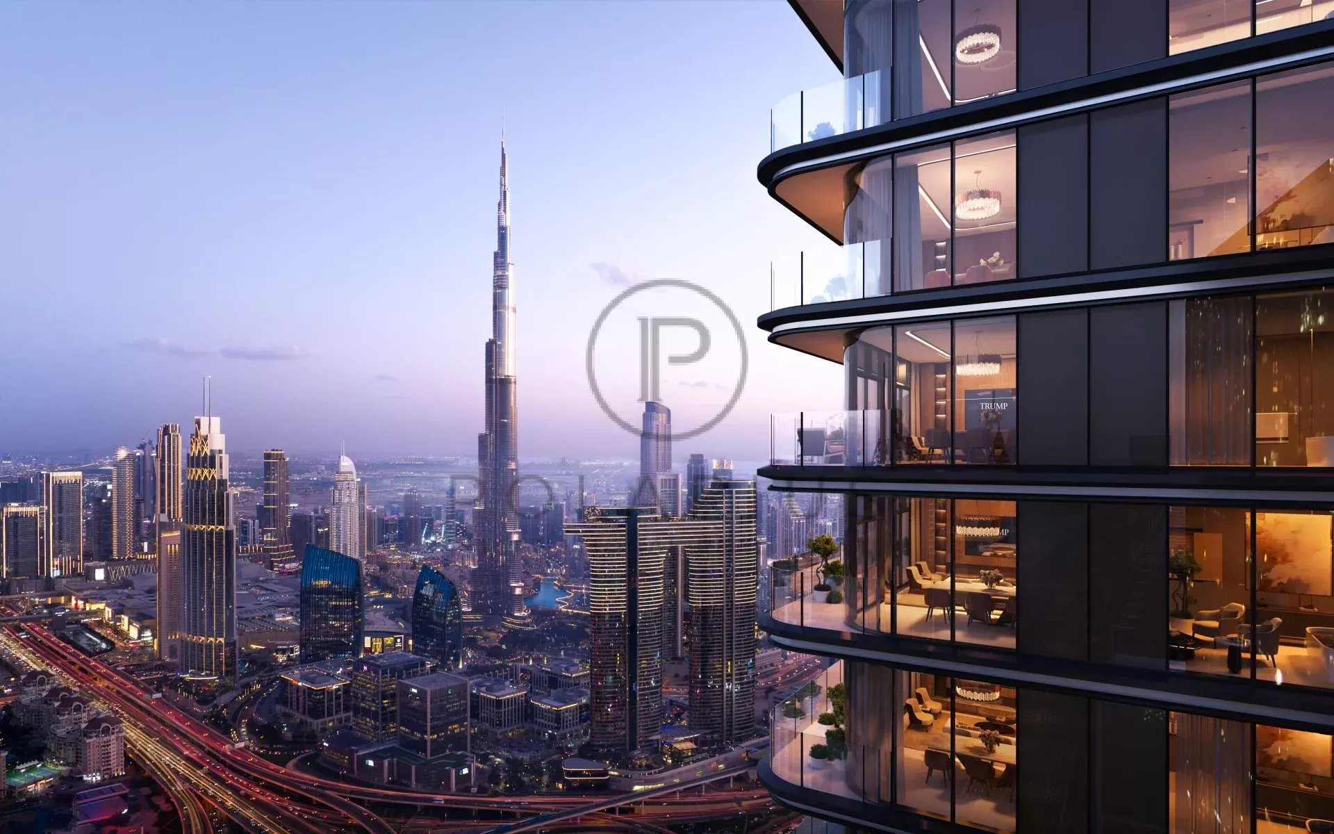 Vue panoramique de gratte-ciel illuminés au crépuscule à Dubaï, avec un bâtiment moderne au premier plan.