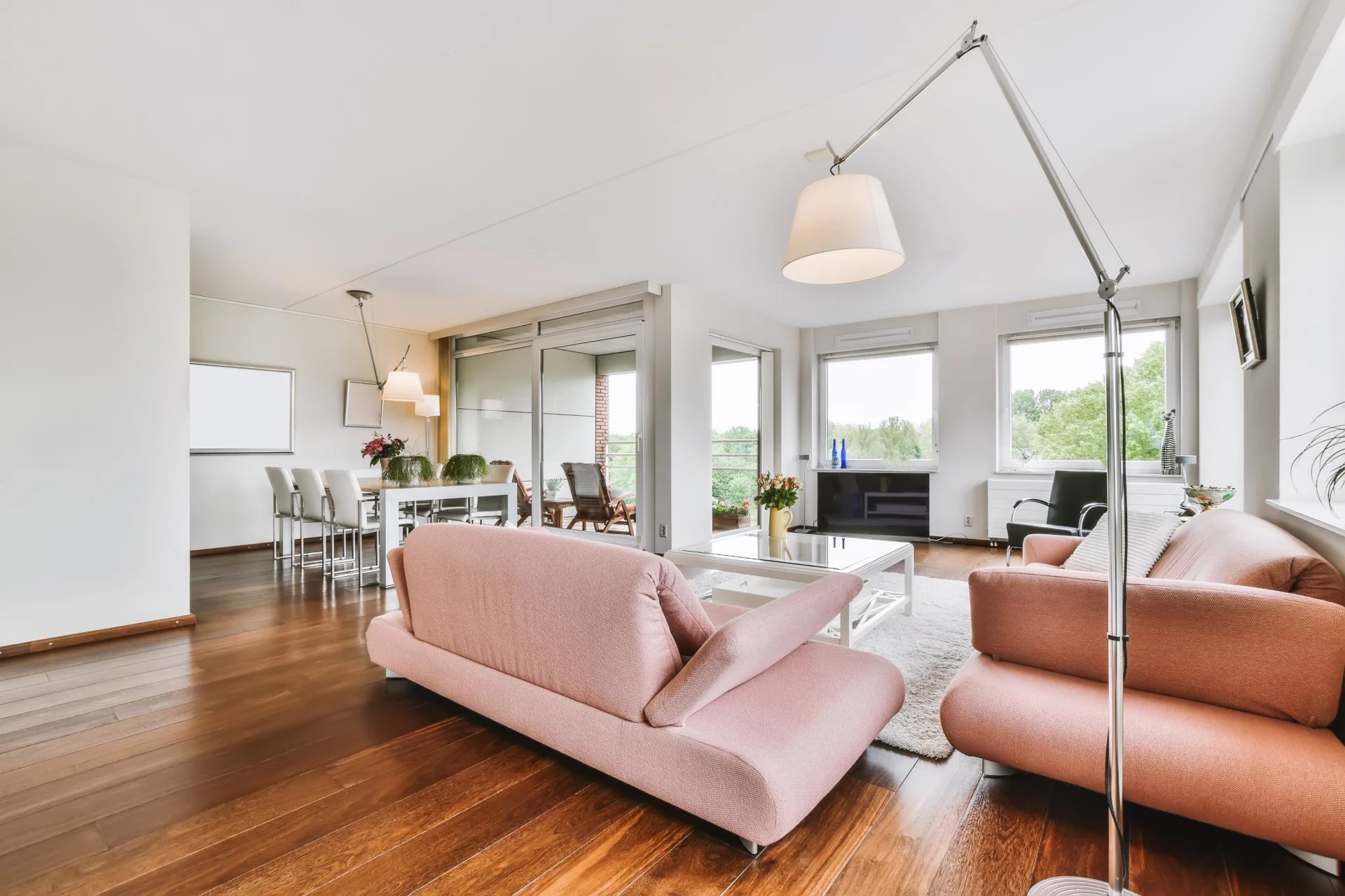 The interior of a stunning living room with a pink sofas and a lamp