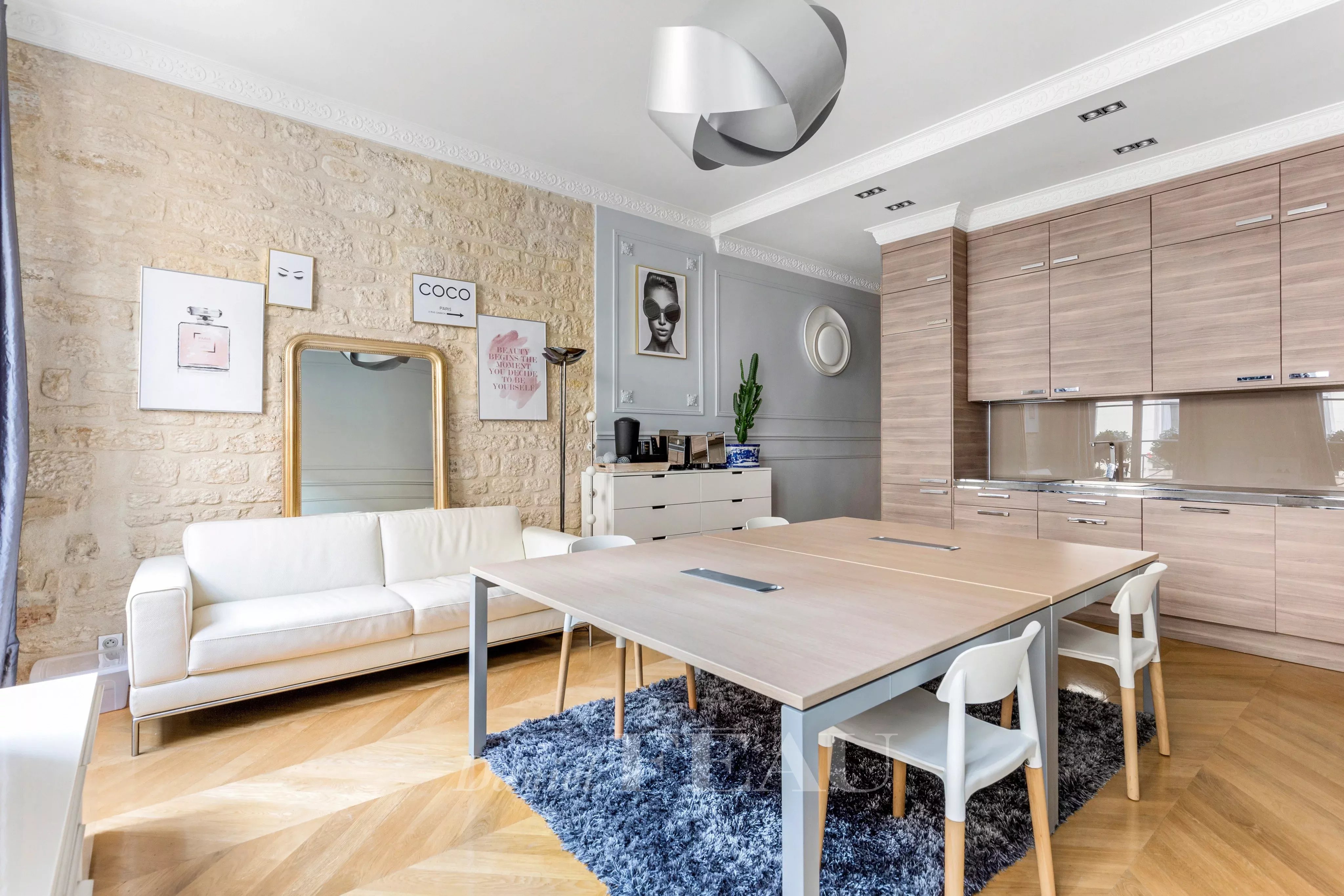 Living room, dining room and open kitchen, wooden floor, mouldings