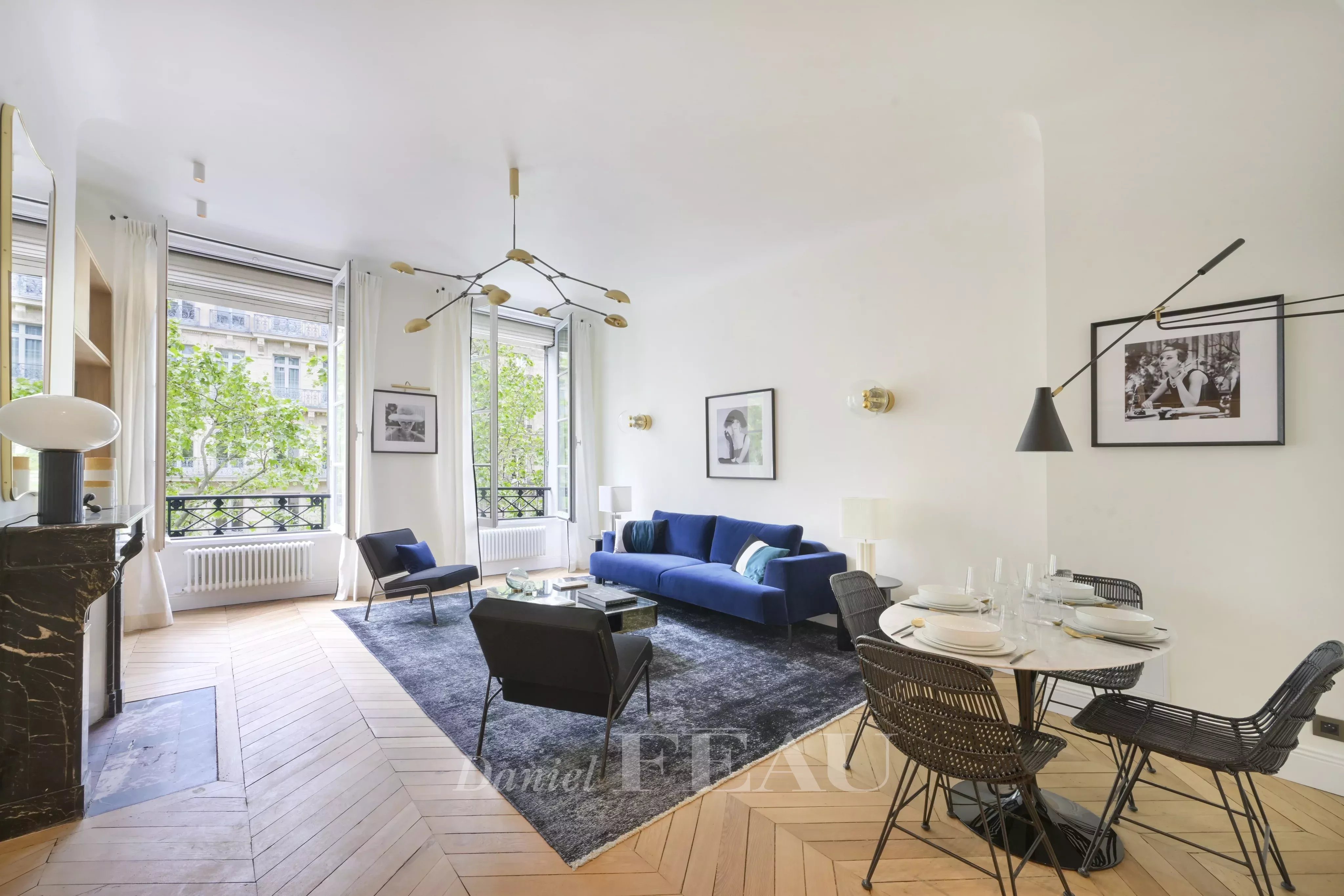 Living room with open kitchen, fireplace