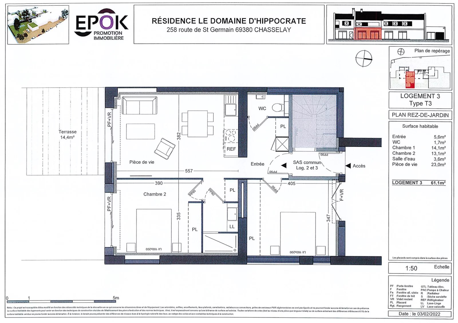 T3 de 61,10 m² en rez-de-jardin