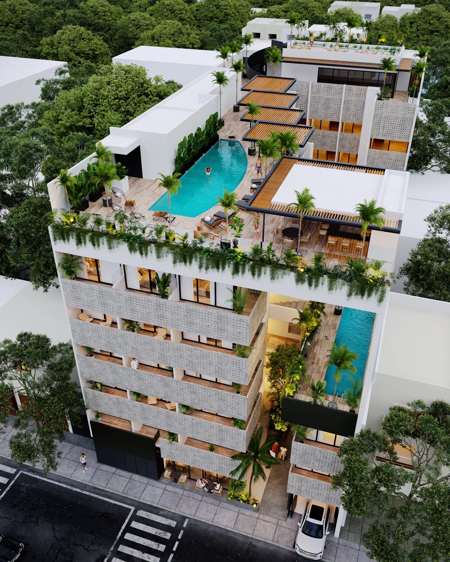 Venta de estudio con vista a patio tropical | canal de nado & acceso VIP a resorts | Playa del Carmen cerca de la 5ta Avenida