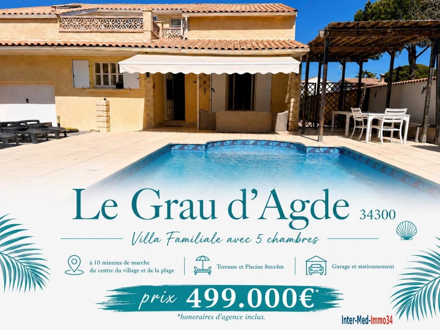 A Vendre Le Grau d'Agde 34300 Proche village, commerces et plage à pied Villa familiale sur un terrain paysager de 590m² avec piscine et garage