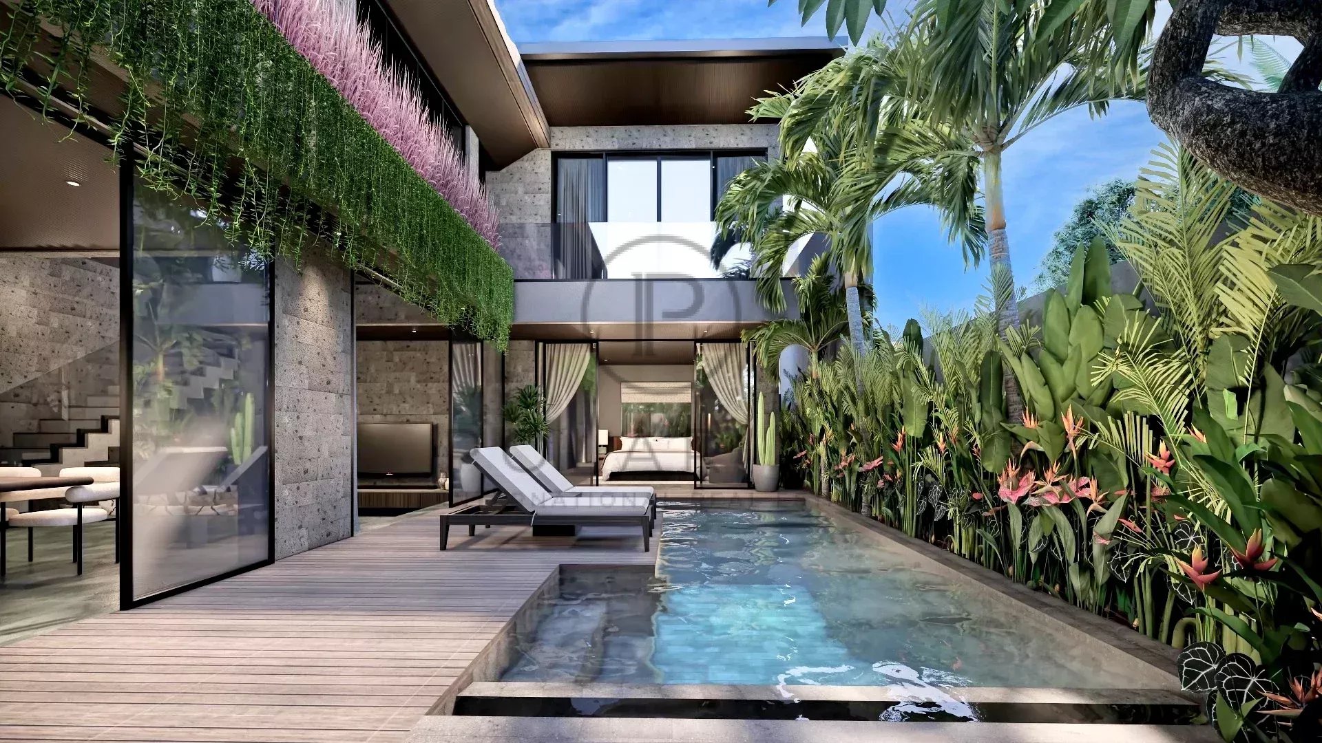 Modernes Haus mit Pool in tropischer Umgebung, umgeben von üppiger Vegetation.