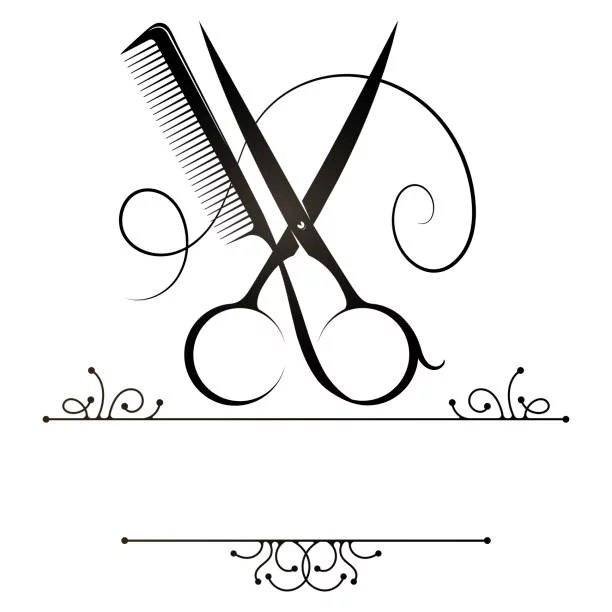 Design for hair stylist and beauty salon. Scissors cut a lock of hair. Scissors and comb symbol for hair salon