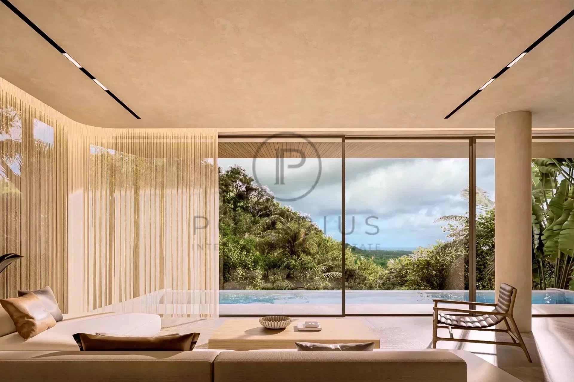 Modern, minimalist living space with large windows overlooking a pool and lush greenery.