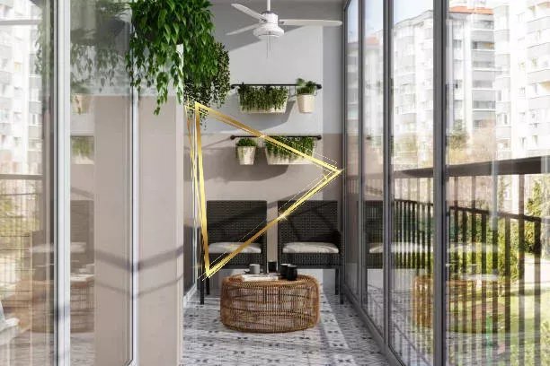 Modern Enclosed Balcony With Wicker Chairs, Coffee Table And Creeper Plants