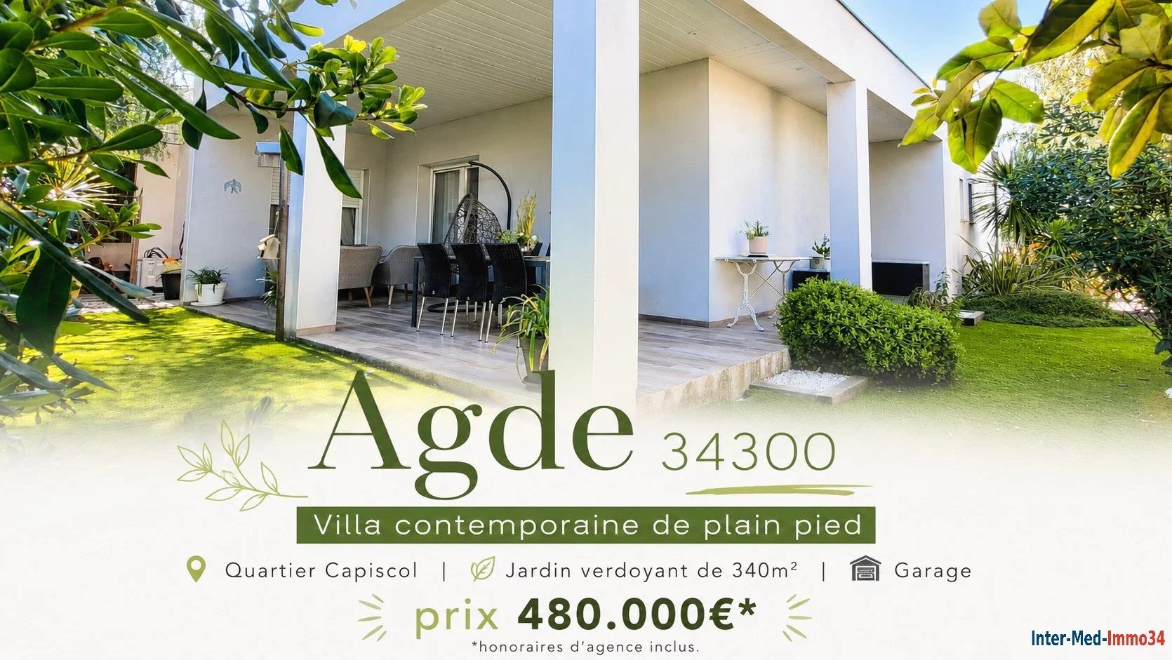 En exclusivité – Agde 34300 Secteur Capiscol Villa contemporaine de plain-pied avec jardin paysager