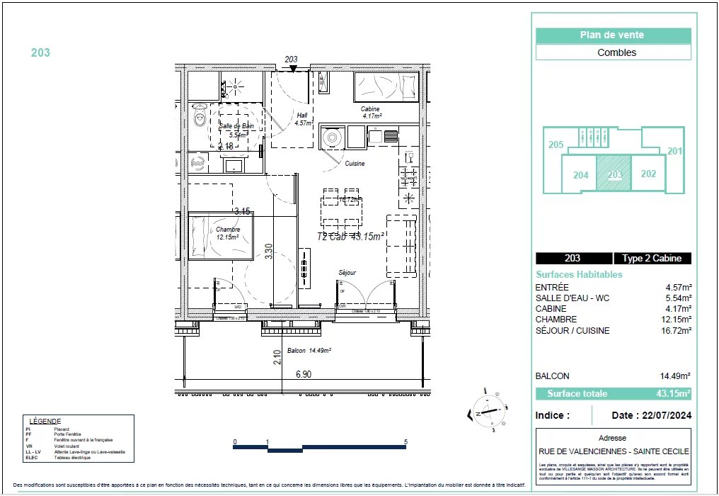 Appartement T2 + cabine 2ème étage avec ascenseur