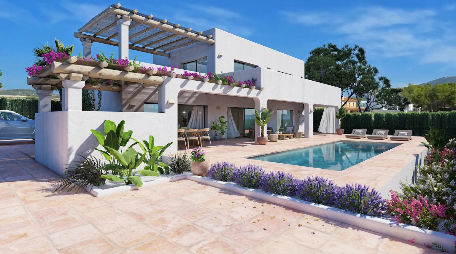 VILLA CINQ MINUTES À PIED DU CENTRE VILLE DE MORAIRA, COMBINANT LES STYLES IBIZAN ET MÉDITERRANÉEN