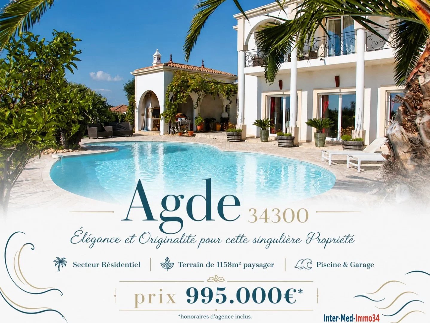 A Vendre Agde 34300 secteur Résidentiel Villa de Standing aux volumes exceptionnels sur un terrain de 1158m² avec piscine et double garage