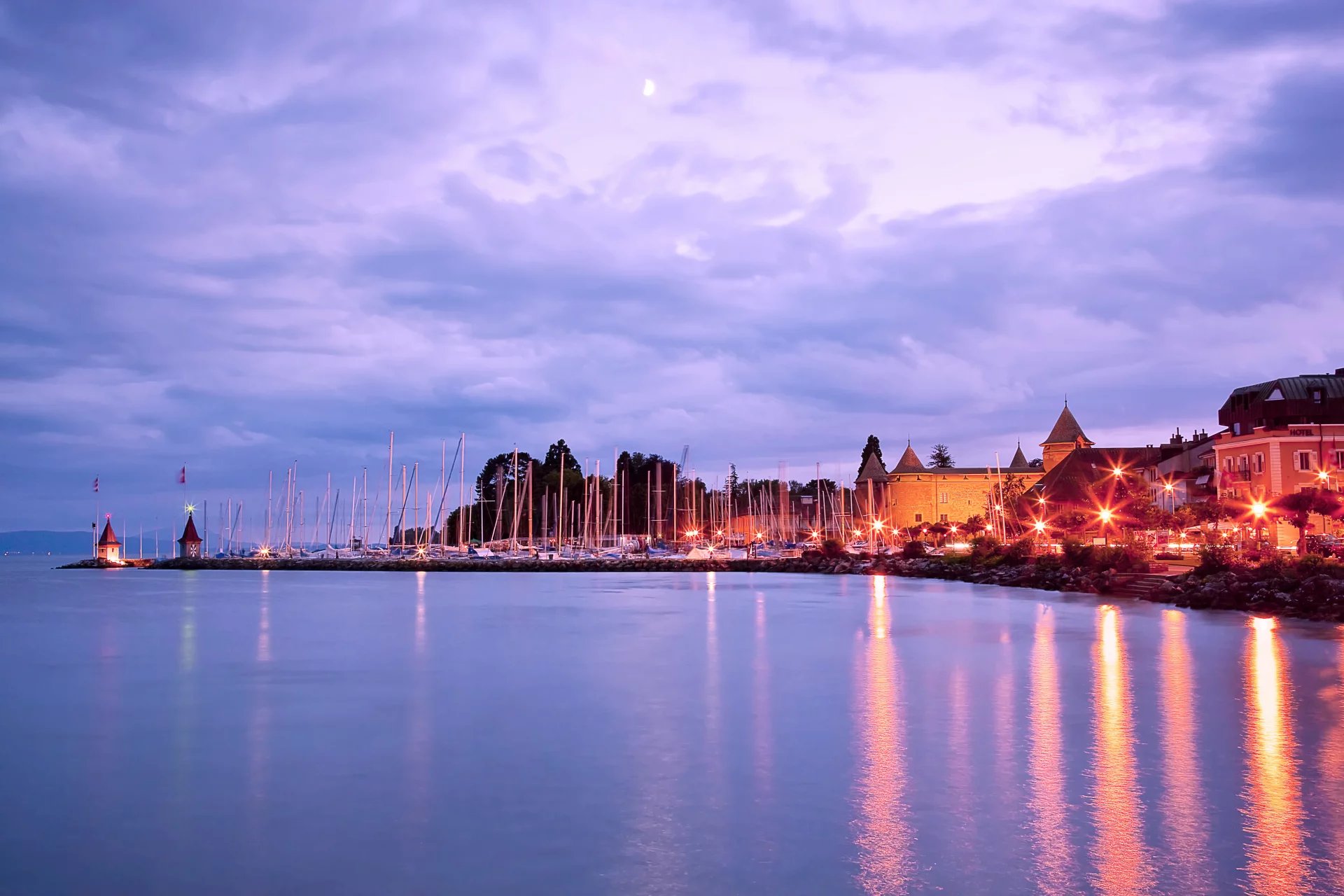 sky,reflection,geneva,night,switzerland,swiss,clouds,water,blue,morges,background,lac leman,lake,landscape,lights