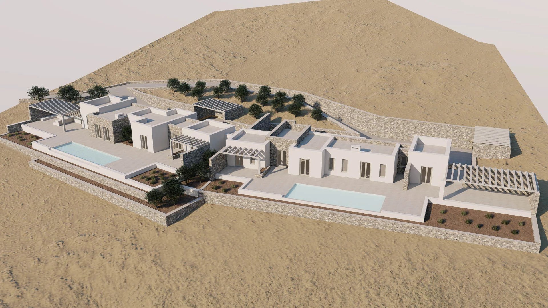 FOR SALE – TWIN LUXURY VILLAS WITH PANORAMIC SEA VIEW & POOLS – TZANE, PAROS