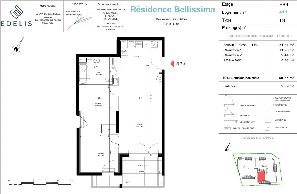 Appartement de 3p de 58.77m² + terrasse de 9.59m² + 1 parking