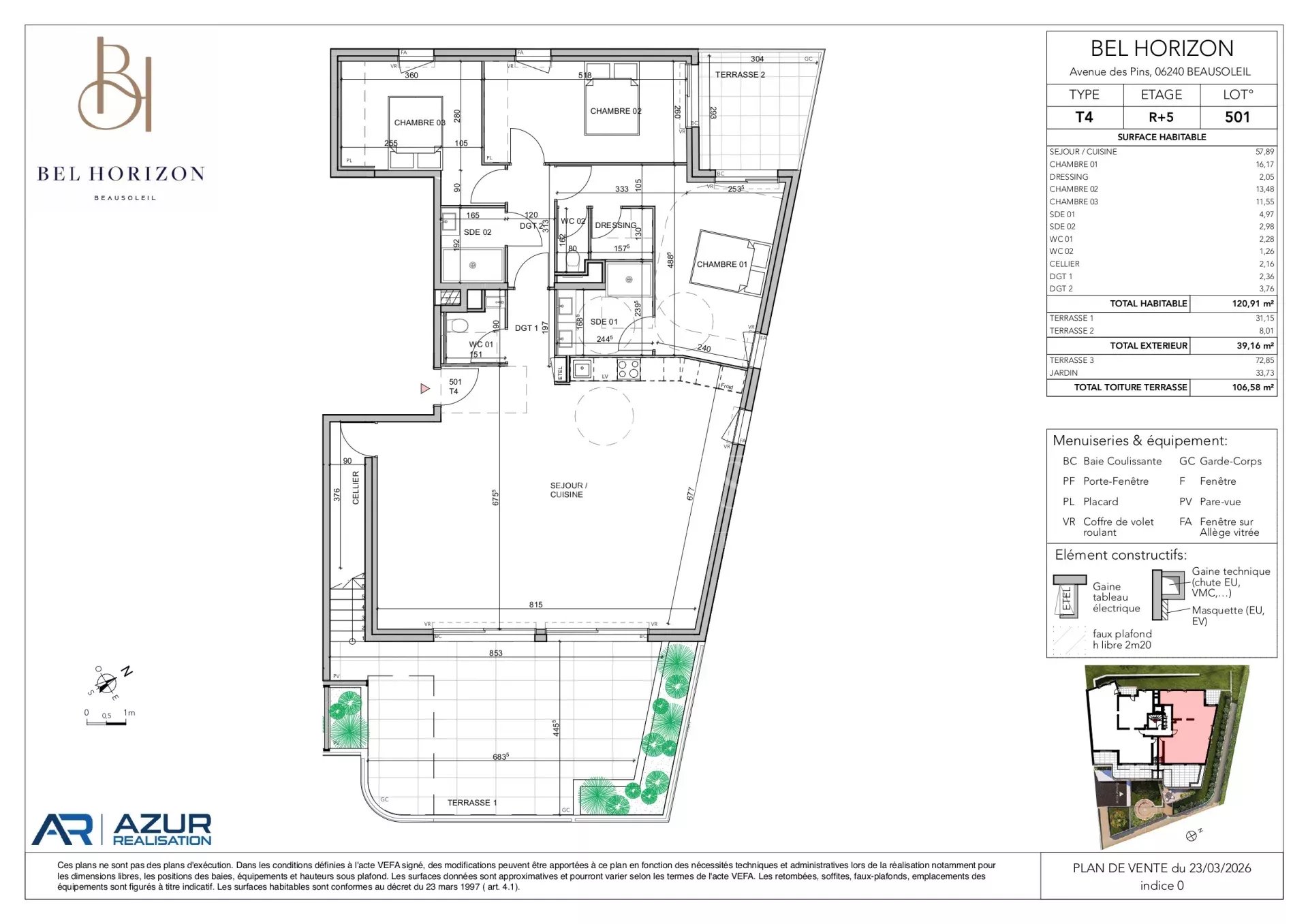 Bel Horizon, penthouse quatre pièces de 120,91 m² avec trois terrasses et vue mer panoramique nouveau programme aux portes de Monaco livraison fin 2028