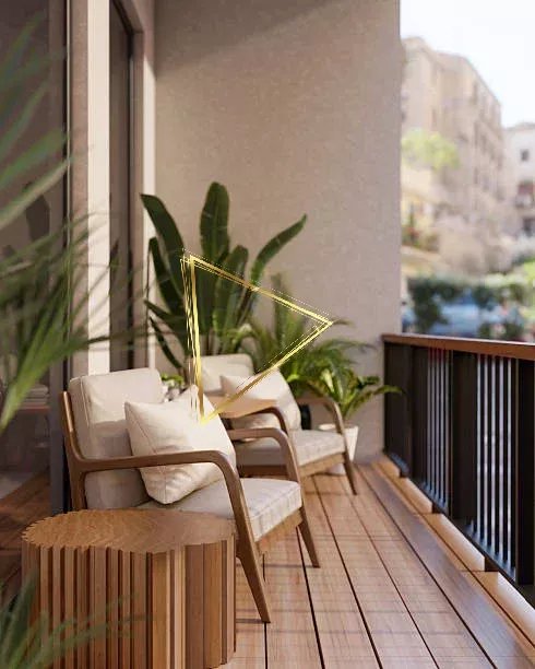The armchairs and table place on the wooden floor balcony, with nature view and sunlight shine upon. sightseeing terrace. 3D rendering, 3D illustration.