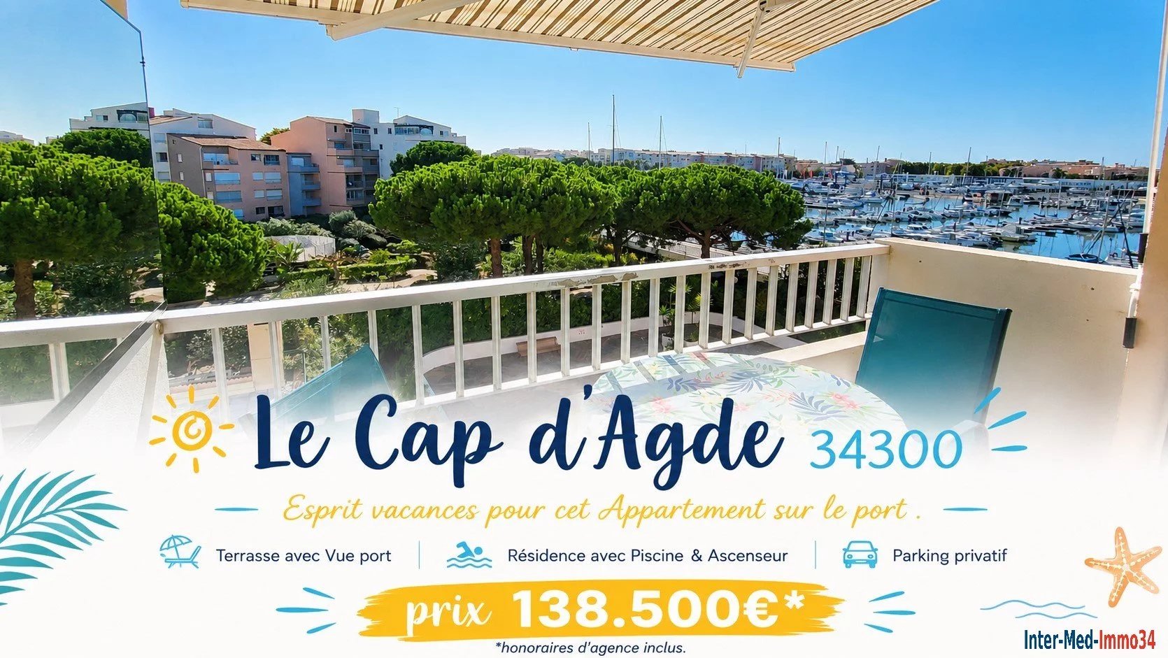 A Vendre Le Cap d'Agde 34300 Centre Port agréable Terrasse avec vue bateaux pour cet Appartement 2 pièces avec parking couvert et cellier privatifs