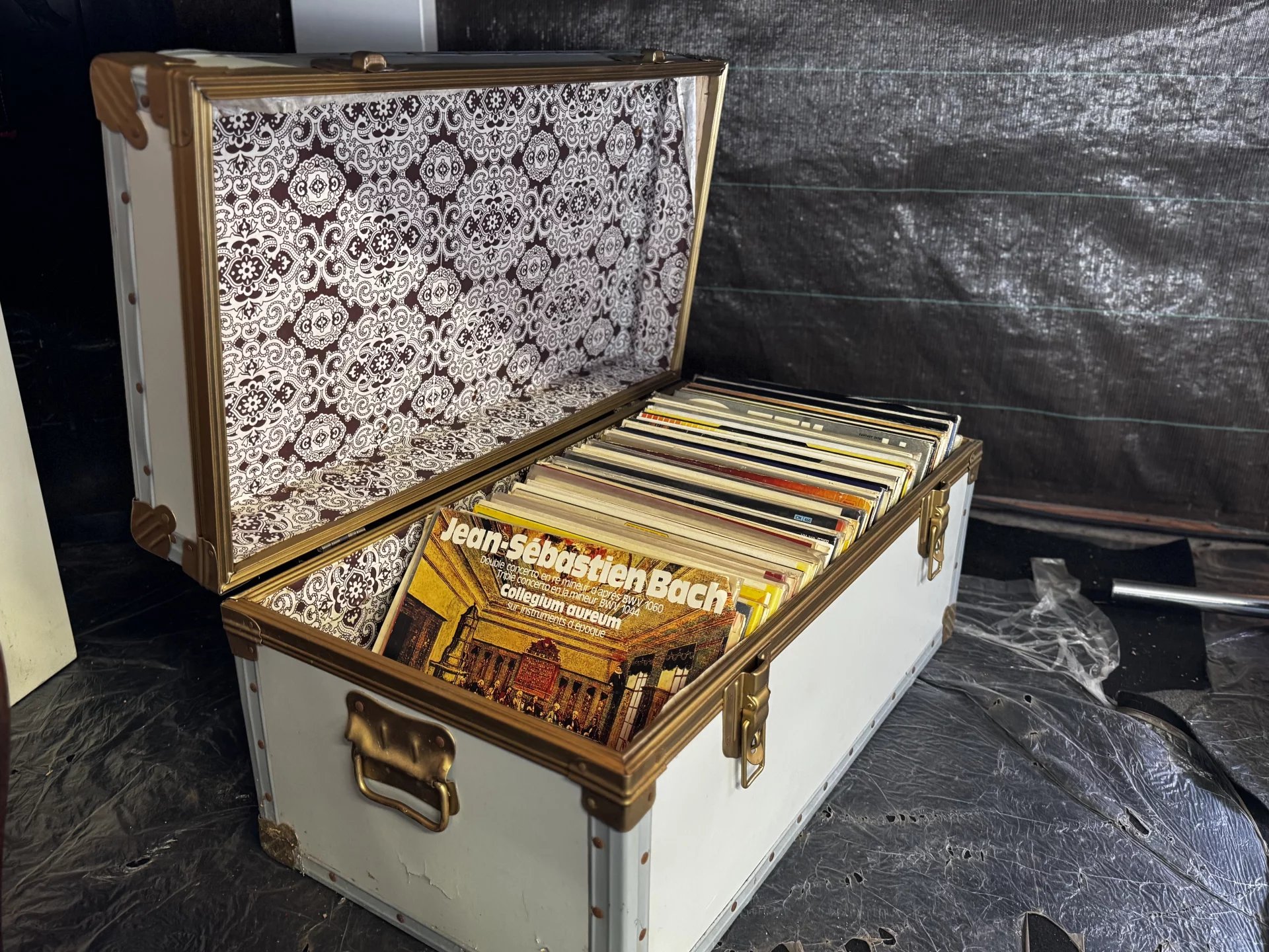 vintage wooden trunk with lots of records for sale