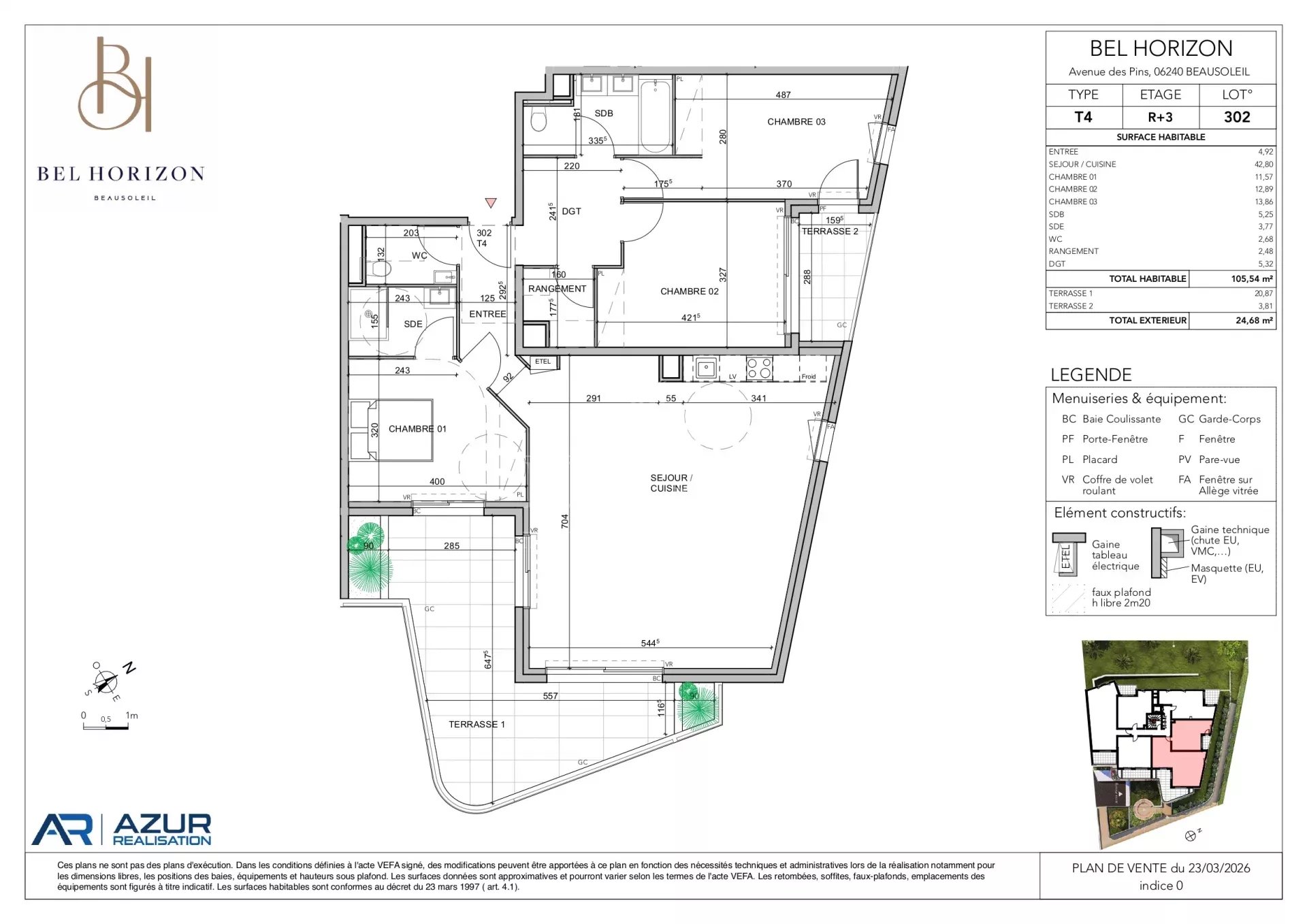Bel Horizon, quatre pièces de 105,54 m² au troisième étage avec terrasses exposées Sud Est et vue mer panoramique nouveau programme aux portes de Monaco livraison fin 2028
