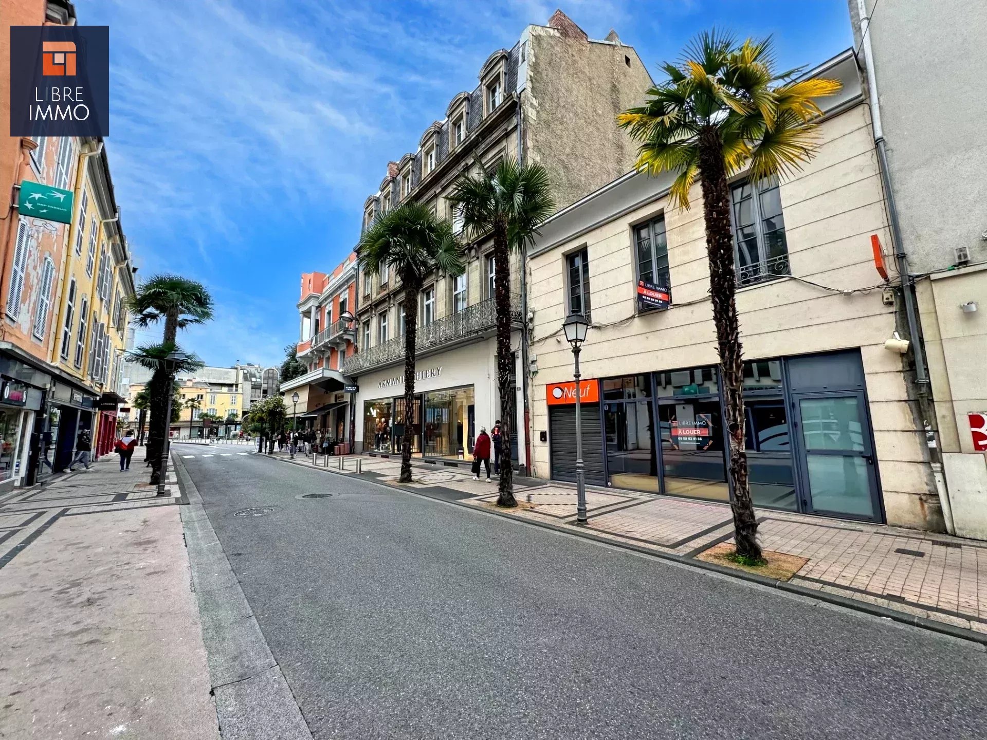 Une rue bordée de palmiers avec des bâtiments et commerces de chaque côté.