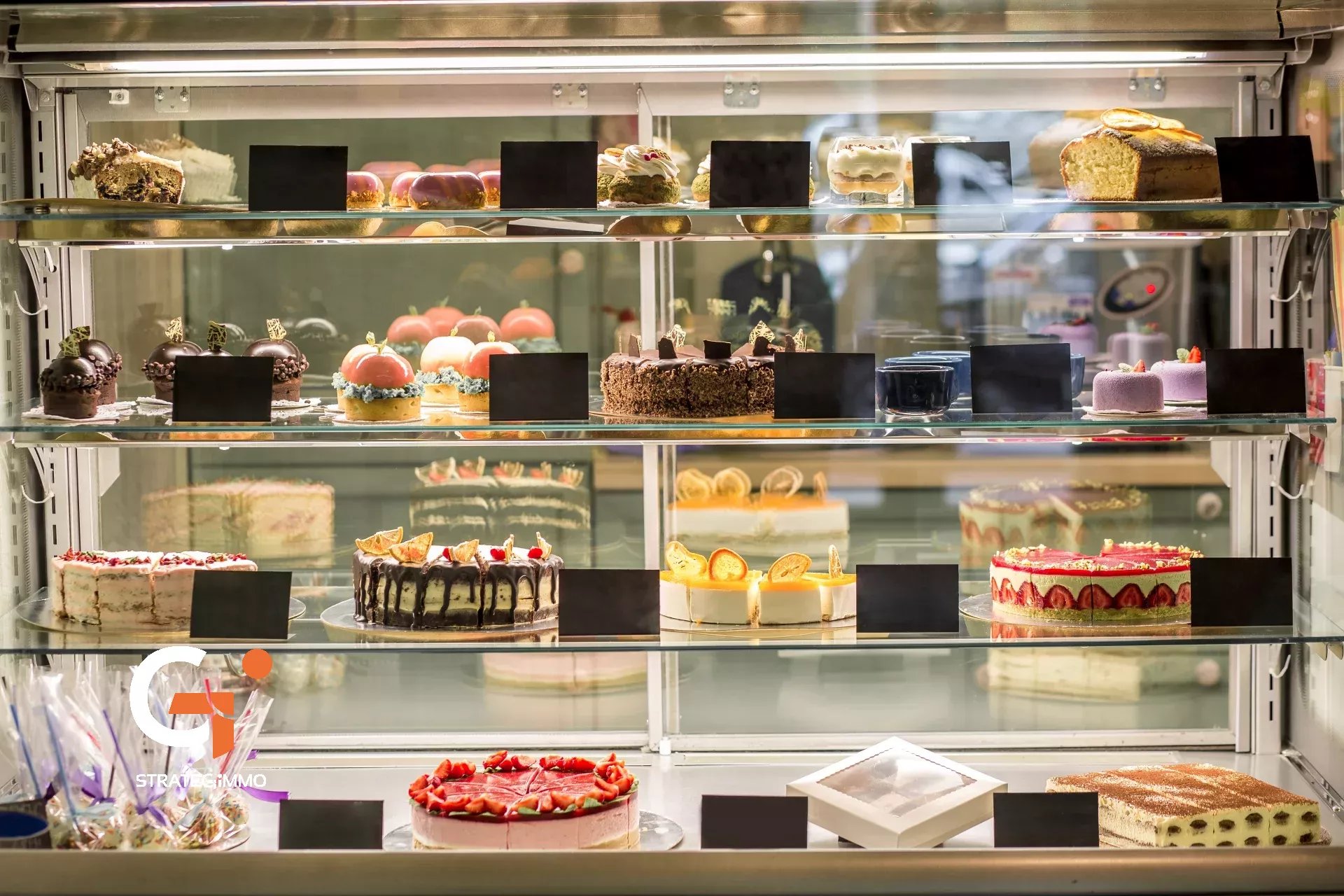 Glass showcase of pastry shop with variety of fresh cakes and pastries. Popular sweet desserts offered for sale